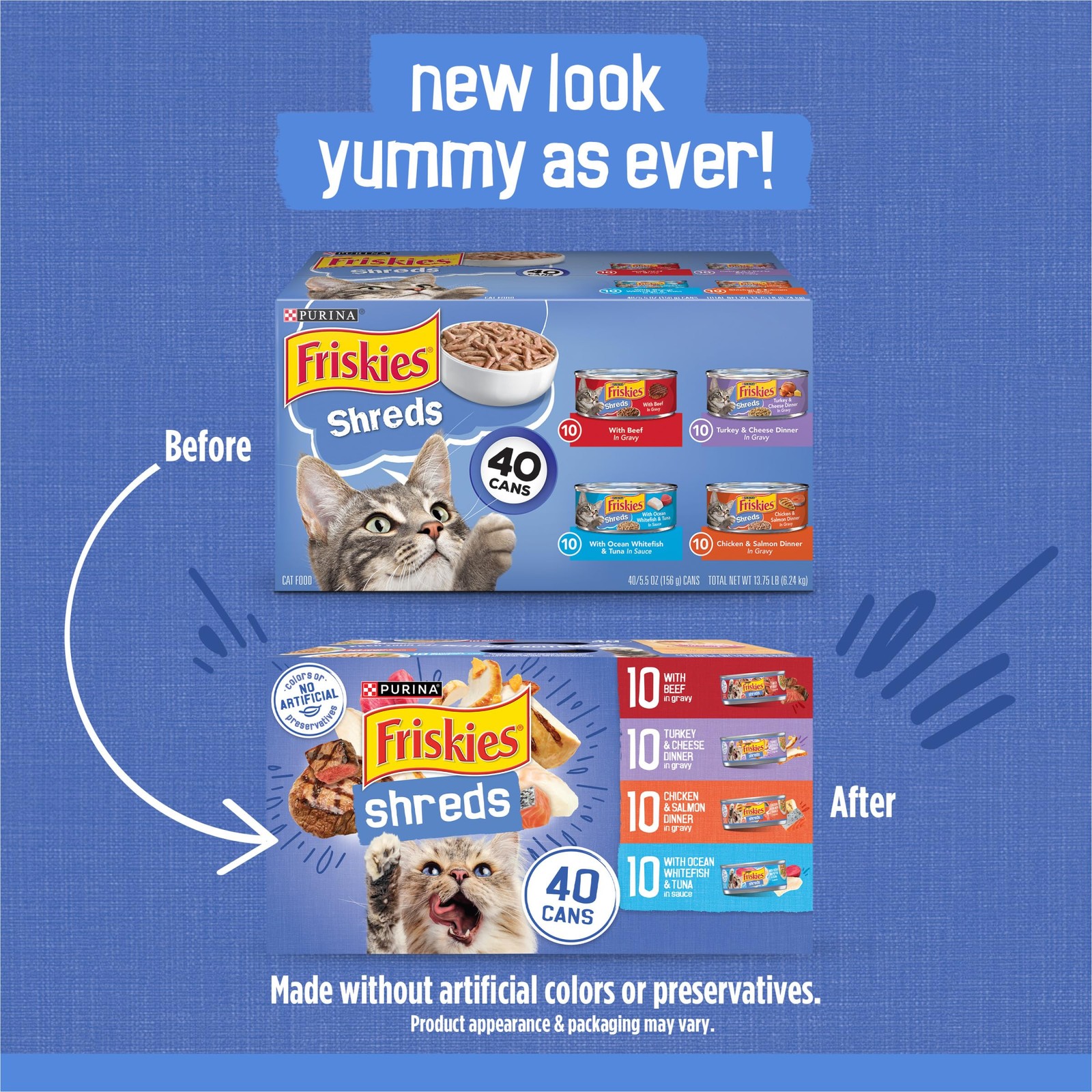 Purina Friskies Shreds Wet Cat Food Variety Pack Beef Turkey Chicken 40×5.5oz