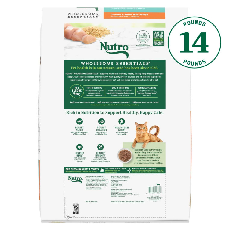Nutro Wholesome Essentials Indoor Cat Food, Chicken & Brown Rice, 14 lb
