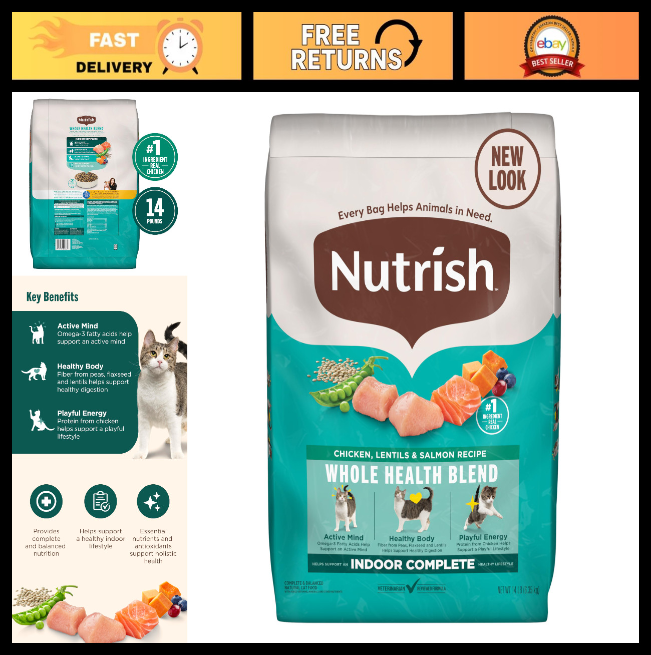 Indoor Complete Dry Cat Food with Chicken, Lentils & Salmon – 14 lb Bag