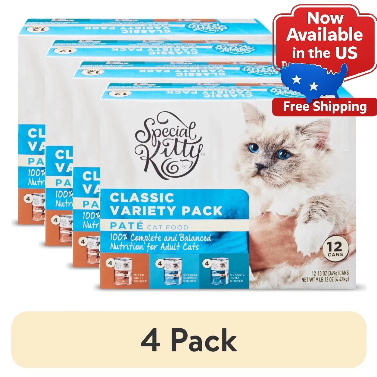 4 pack Special Kitty Classic Variety Pack Pate Cat Food, 13 oz Cans, 12 Pack