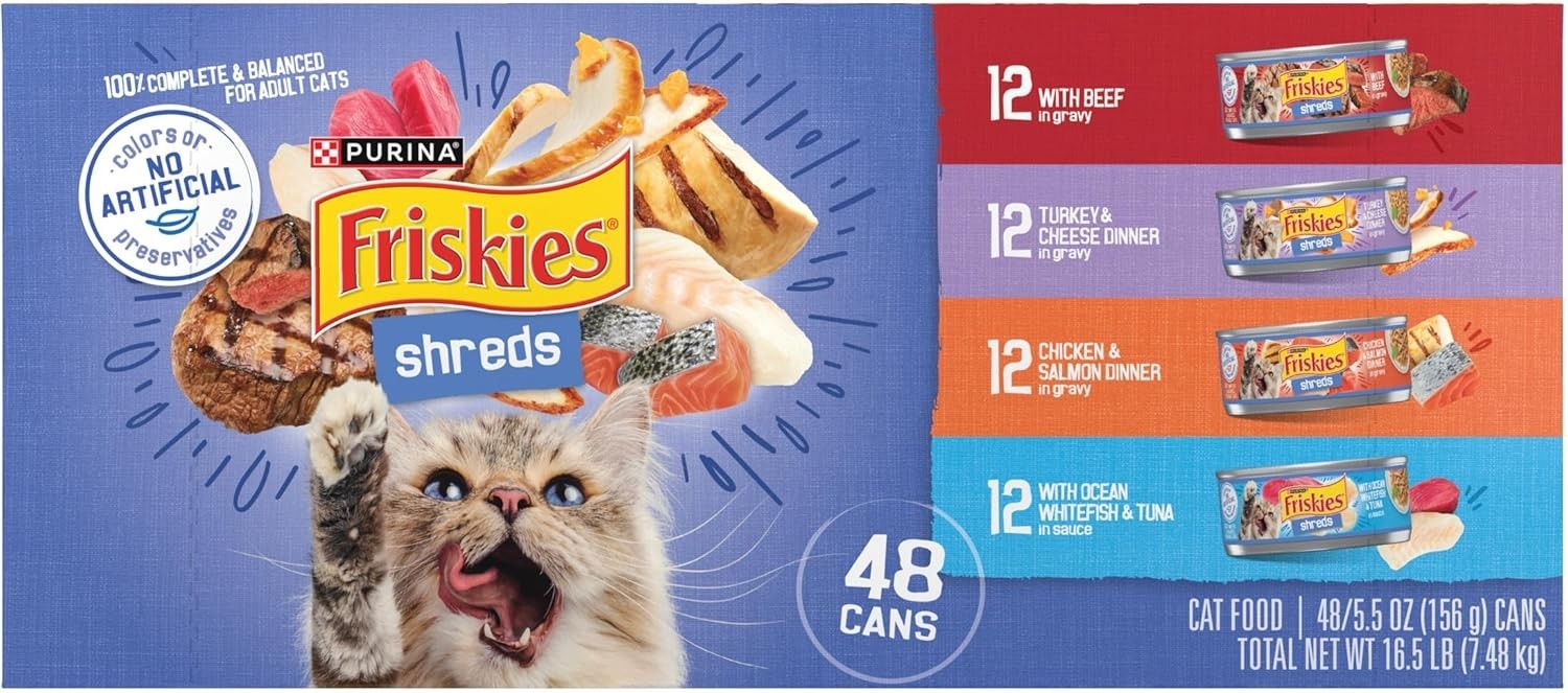 Purina Friskies Shreds Gravy Variety Pack, Wet Cat Food, 5.5 oz Cans (48 Count)