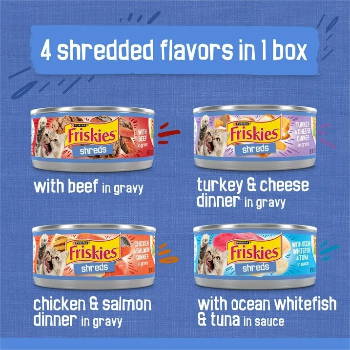 Purina Friskies Shreds Gravy Variety Pack, Wet Cat Food, 5.5 oz Cans (48 Count)