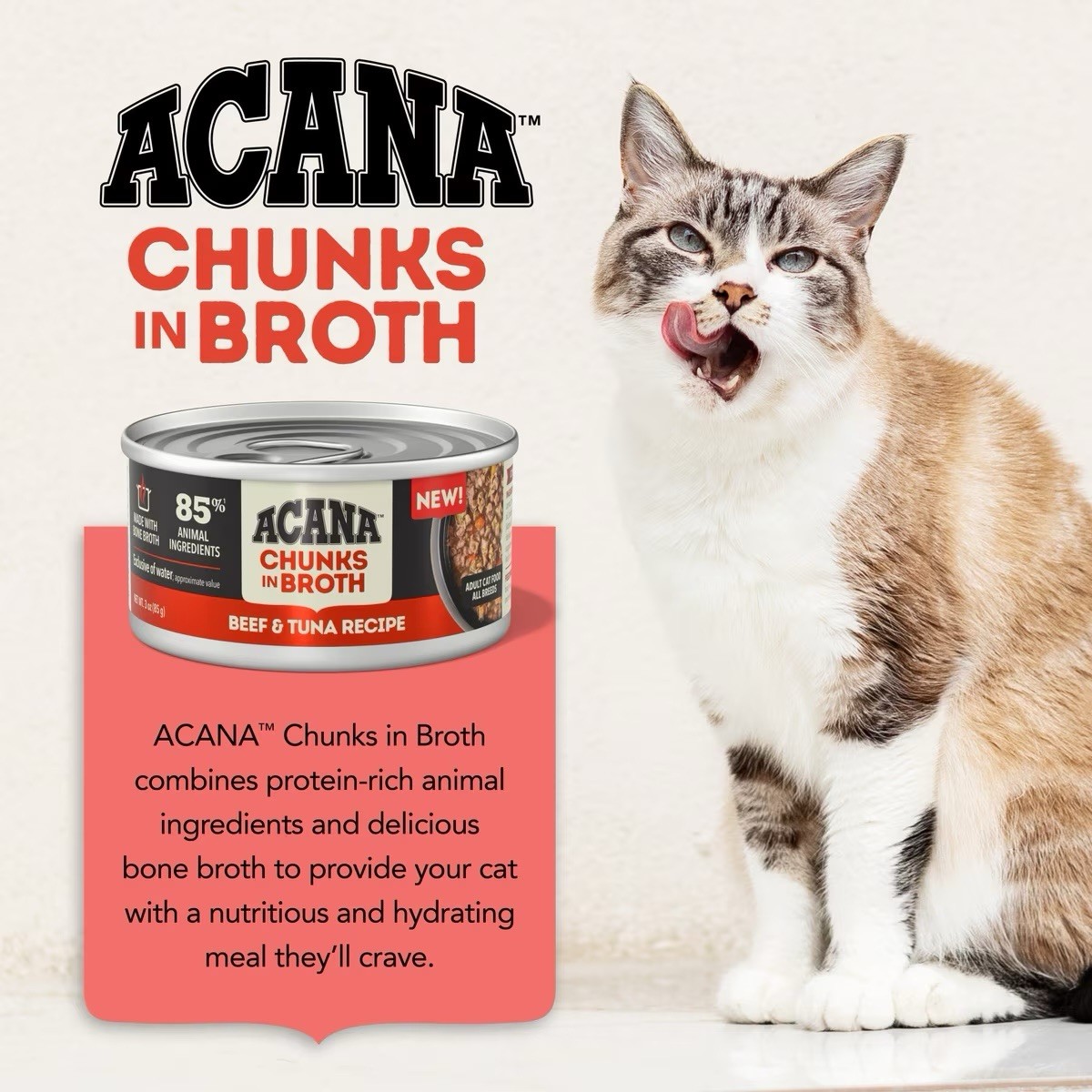 Acana Chunks In Broth Beef & Tuna Recipe Canned Cat Food 24/3oz Cans