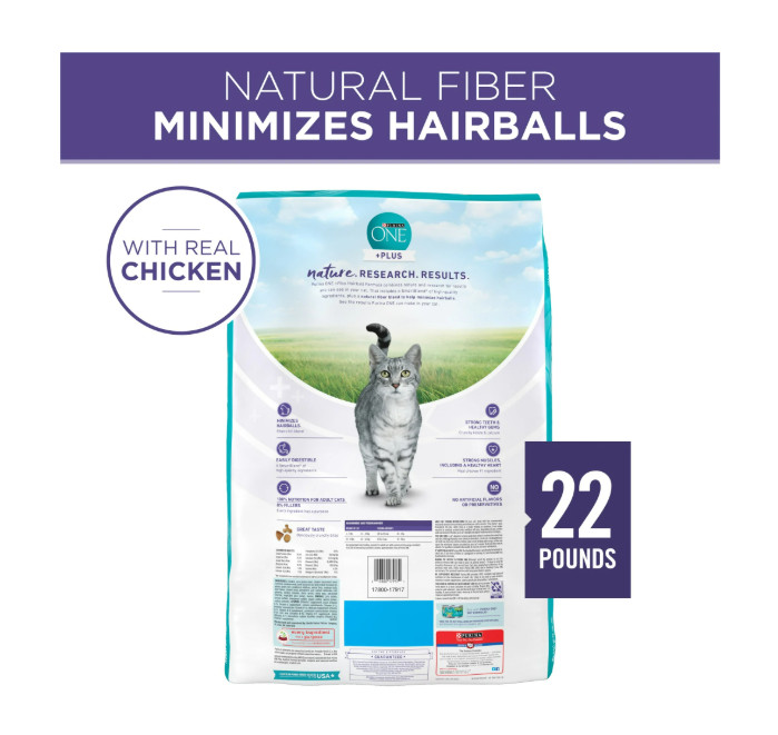 Purina ONE Plus Dry Cat Food Hairball Formula, Natural Chicken, 22 lbs Bag