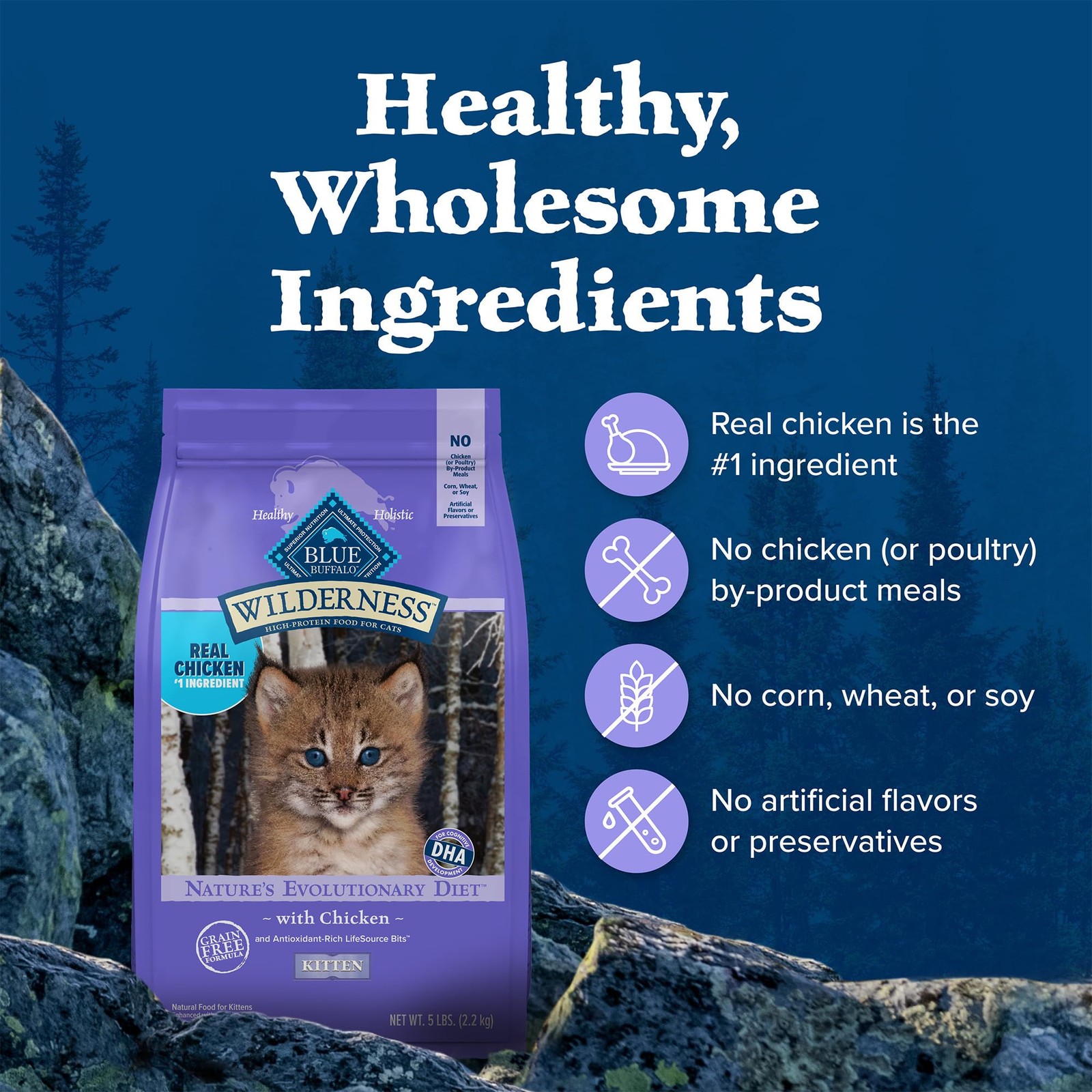 Blue Buffalo Wilderness Kitten Dry Cat Food High Protein Grain Free Chicken 5lb
