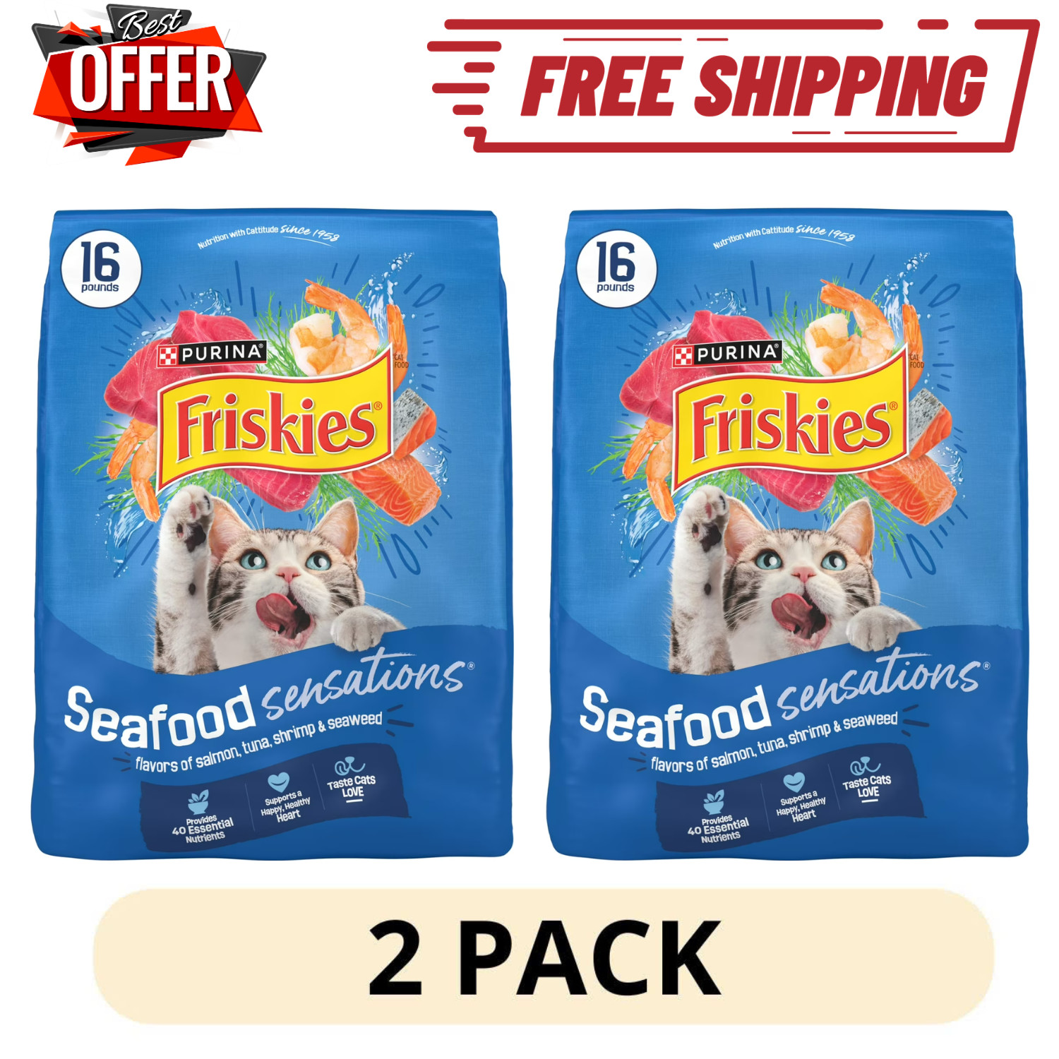 2 Pack Purina Friskies Dry Cat Food Seafood Sensations Salmon Tuna Shrimp 16lb