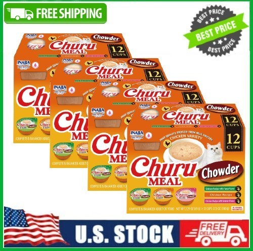 4 PACK INABA Churu Meal Chowder Adult Wet Cat Food, 2.29 oz cup, 12ct, Variety