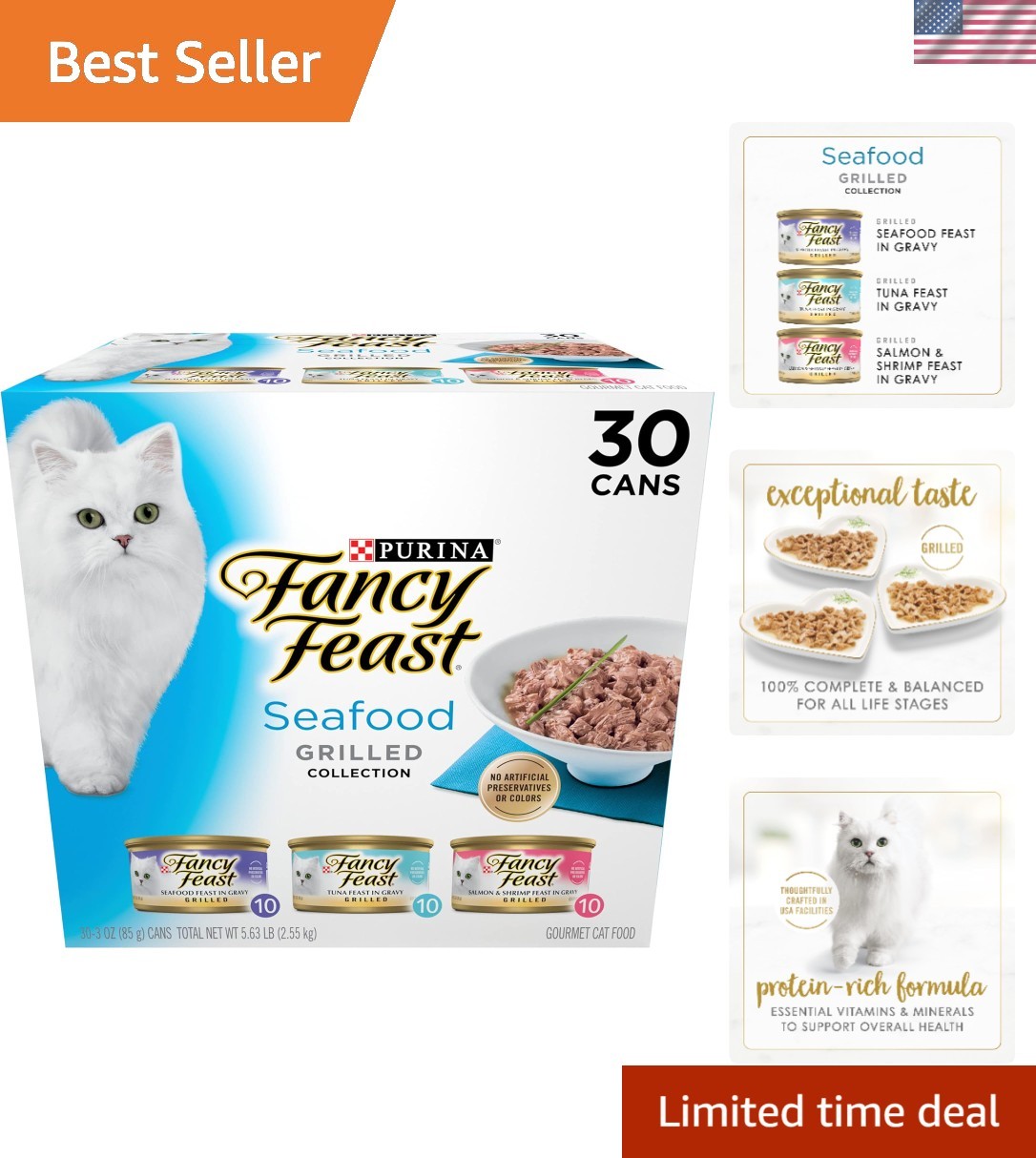 Purina Grilled Cat Food Seafood Variety Pack 30 Cans – 3oz Each, All Life Stages