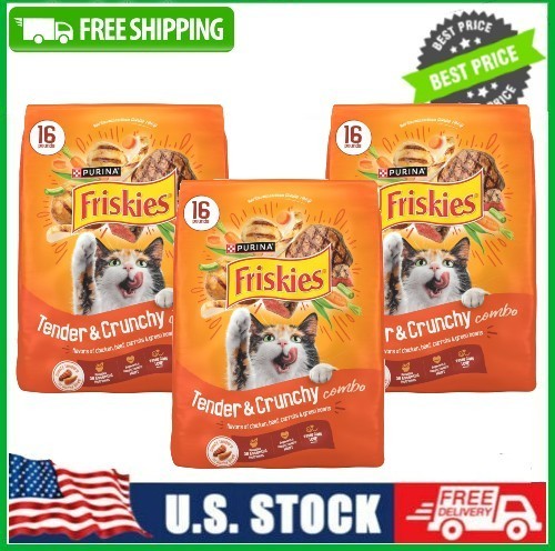 3 BAG Purina Friskies Tender and Crunchy Dry Cat Food Flavors 16 lb Bag