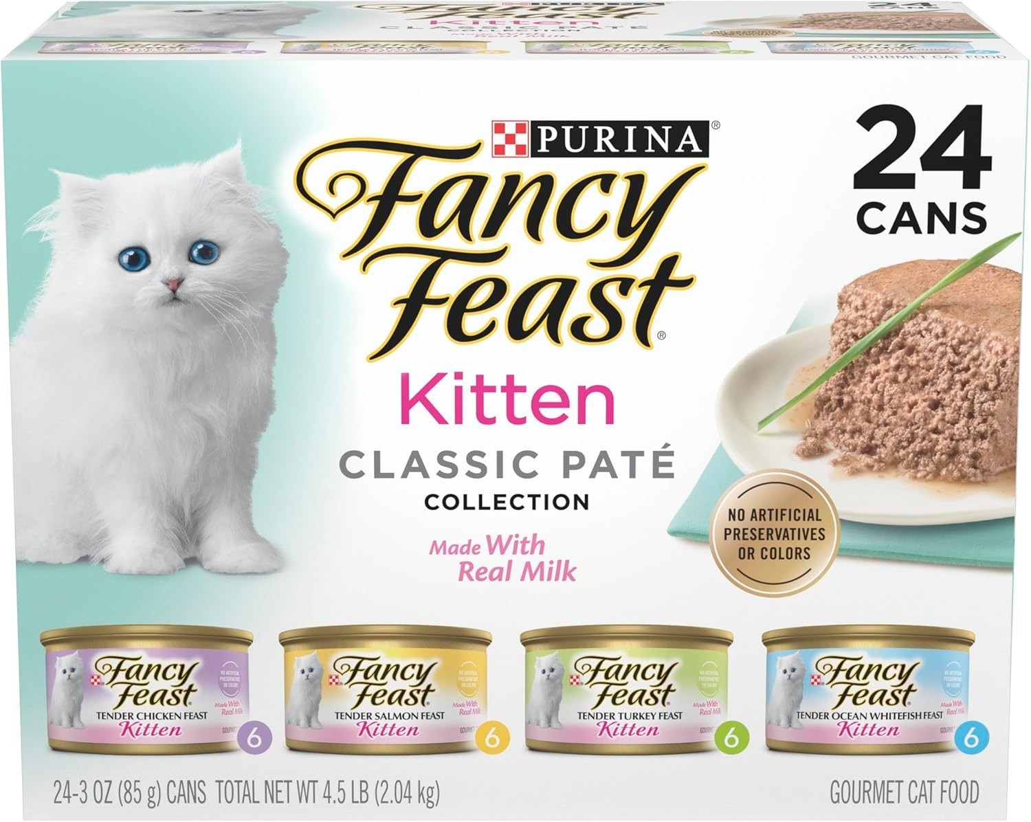 Fancy Feast Kitten Classic Pate Wet Cat Food 3 Oz, 24 Count, Real Milk