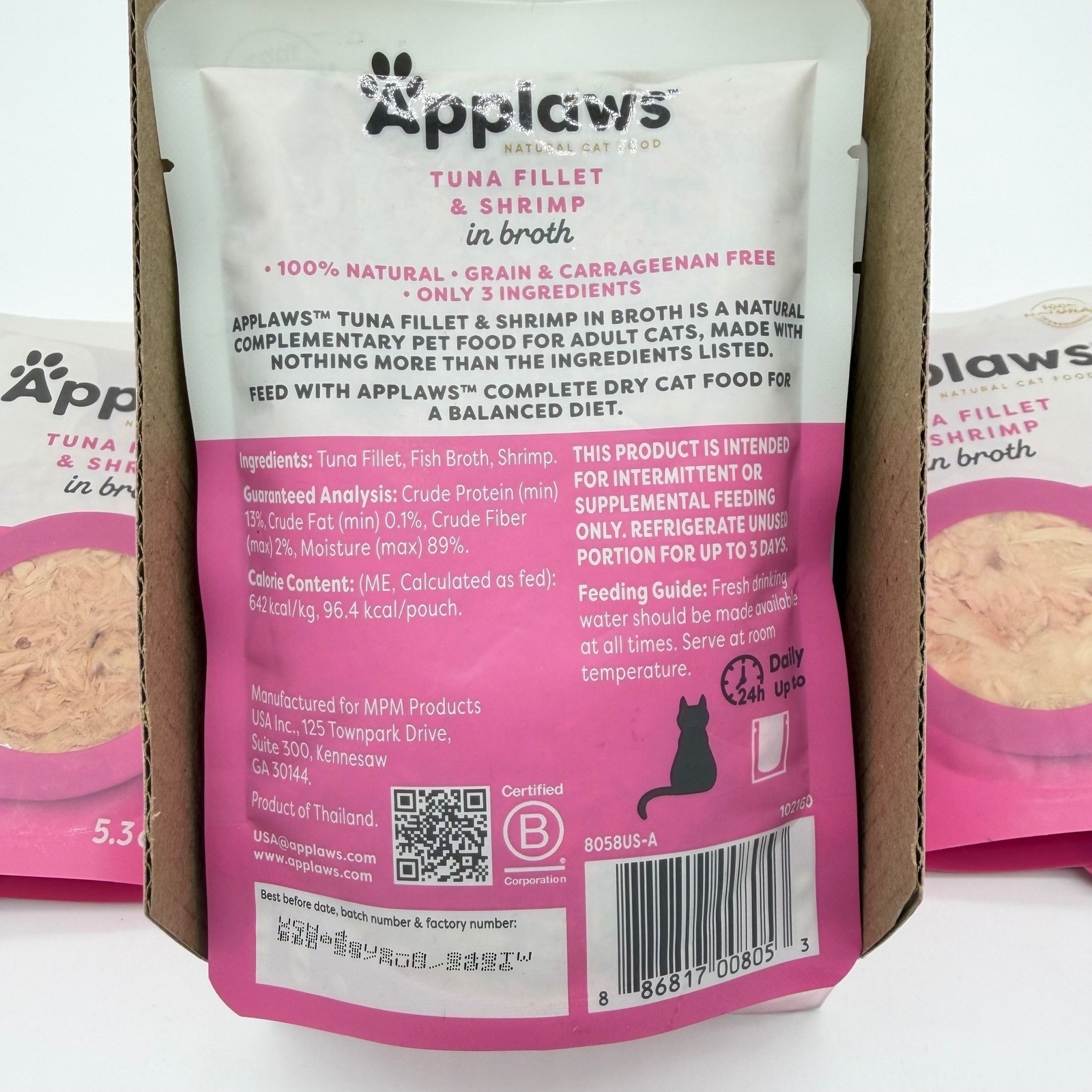 Applaws Natural Cat Food Tuna Fillet & Shrimp in Broth 5.3oz 14 Pouches in Box