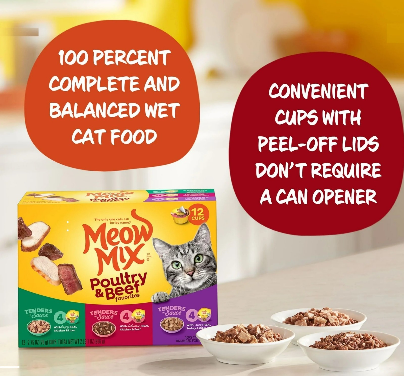 Meow Mix Tenders Wet Cat Food Variety Pack, Poultry & Beef, 12 Cups (2.75 oz)