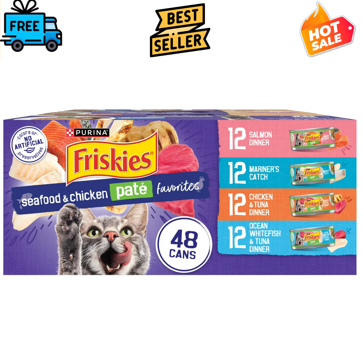Purina Friskies Pate Wet Cat Food Seafood Chicken Variety Pack 5.5oz Can, 48Ct