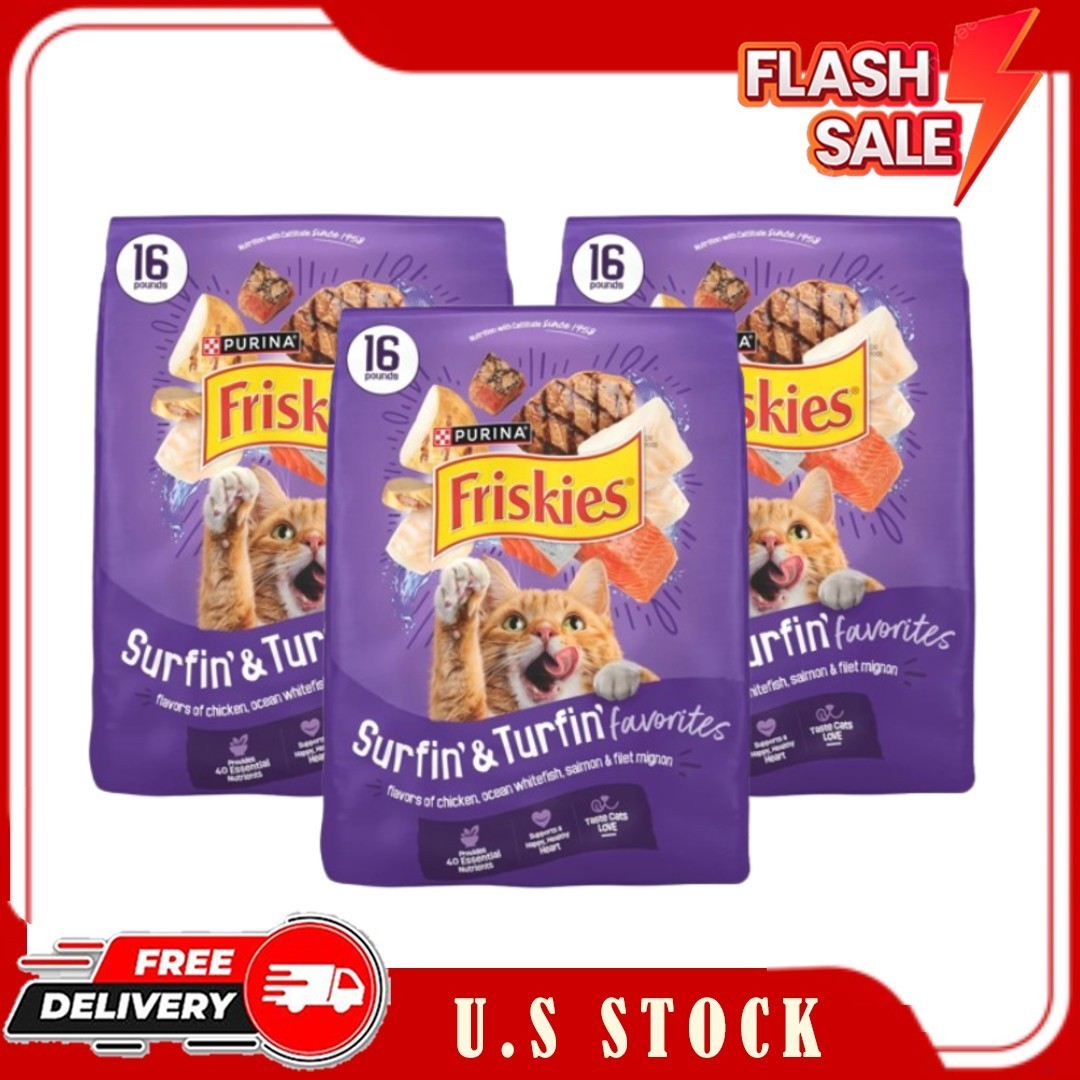 3 Bags Friskies Surfin’ & Turfin’ Favorites Dry Cat Food, 16 lb Bag
