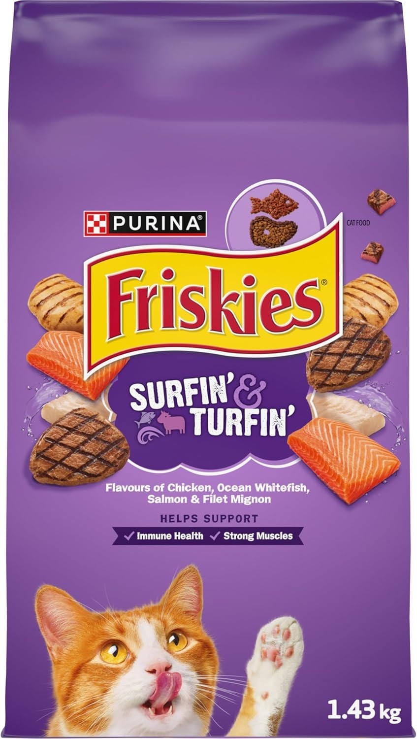 Friskies Surfin’ & Turfin’ Dry Cat Food 1.43kg Seafood Chicken Adult Cats