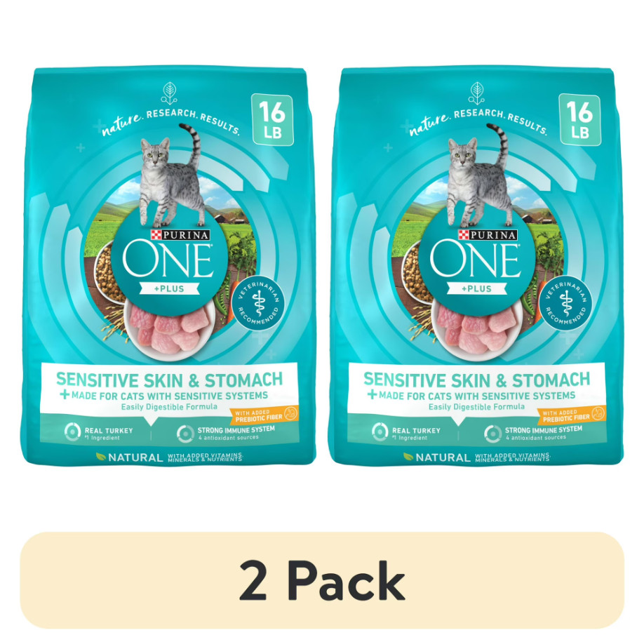 (2 pack) Purina ONE Plus, Sensitive Skin & Stomach, Dry Cat Food, Turkey, 16 lb