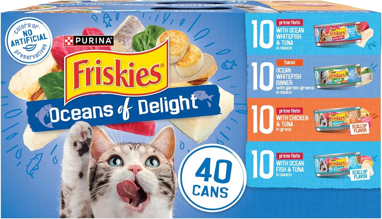 40 Cans Friskies Wet Cat Food Variety Pack Oceans of Delight Flaked 5.5 oz