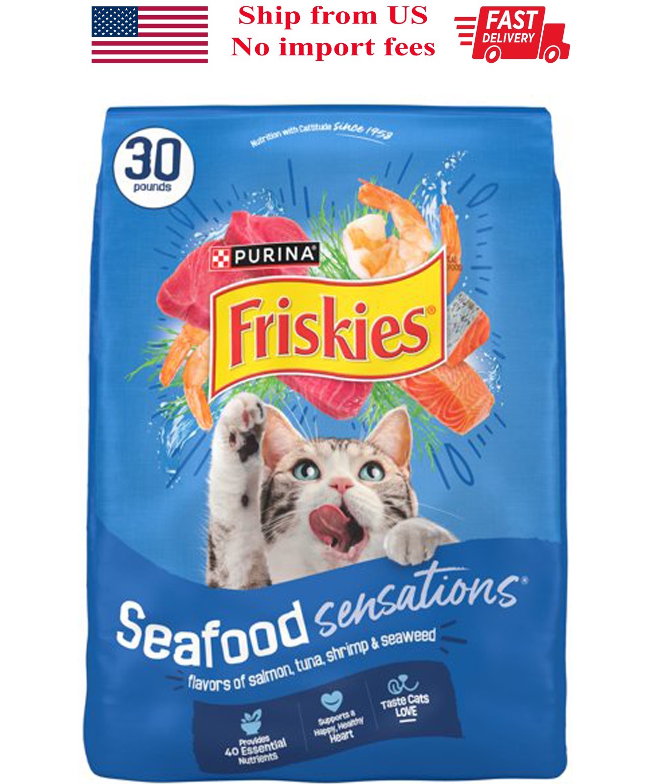 Purina Friskies Dry Cat Food, Seafood Sensations, Salmon, Tuna and Shrimp, 30 lb
