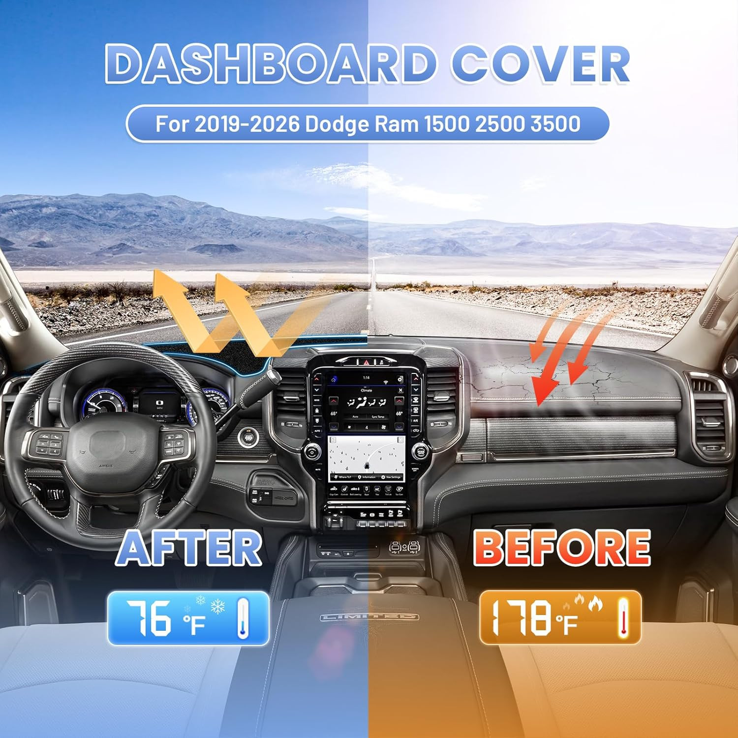 Dash Cover 2019-2026 Dodge Ram 1500 2500 3500 Dashboard Cover Mat for Ram Suede