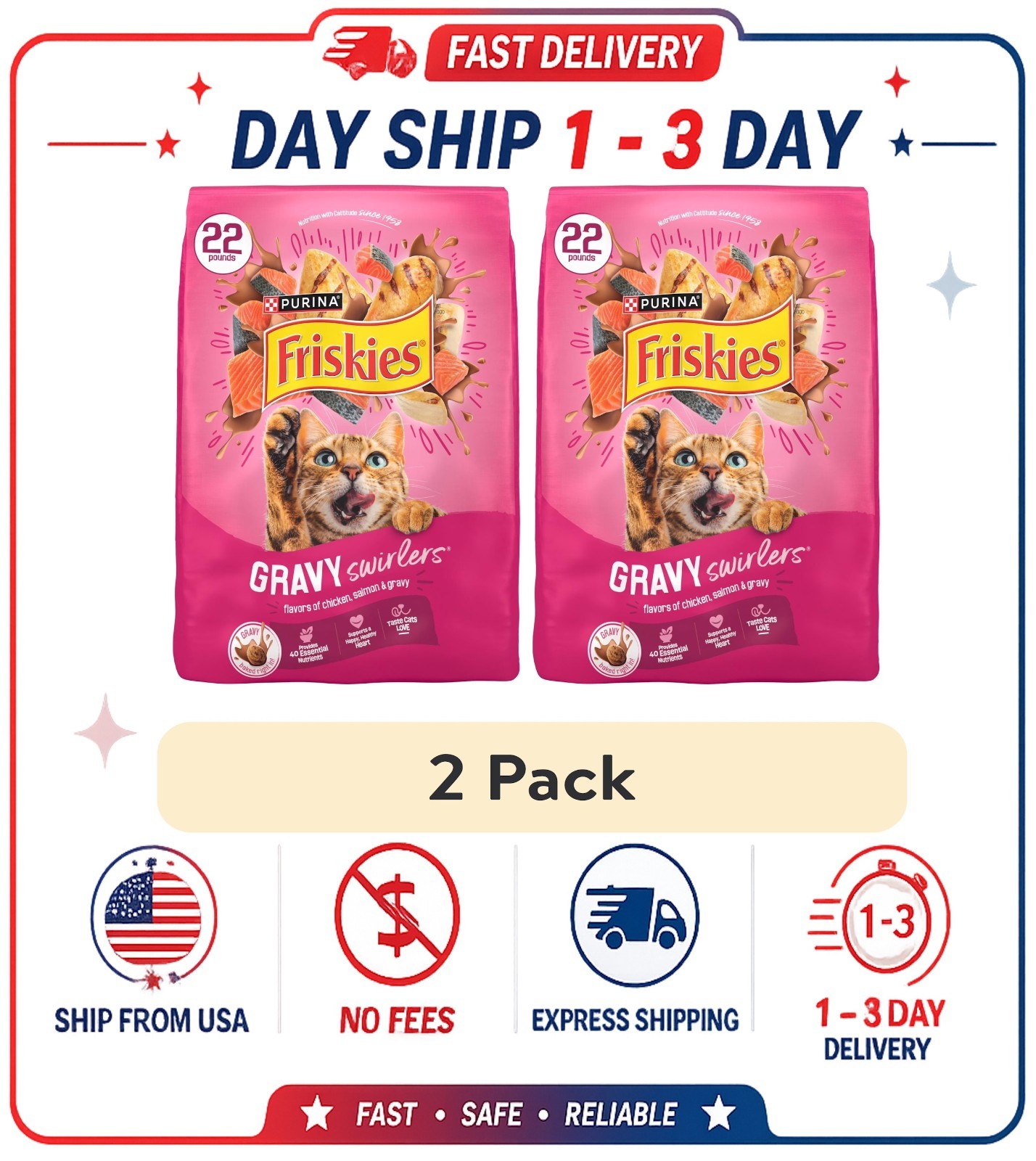 (2 pack) Purina Friskies Gravy Swirlers Dry Cat Food Flavors of Chicken, Salmon