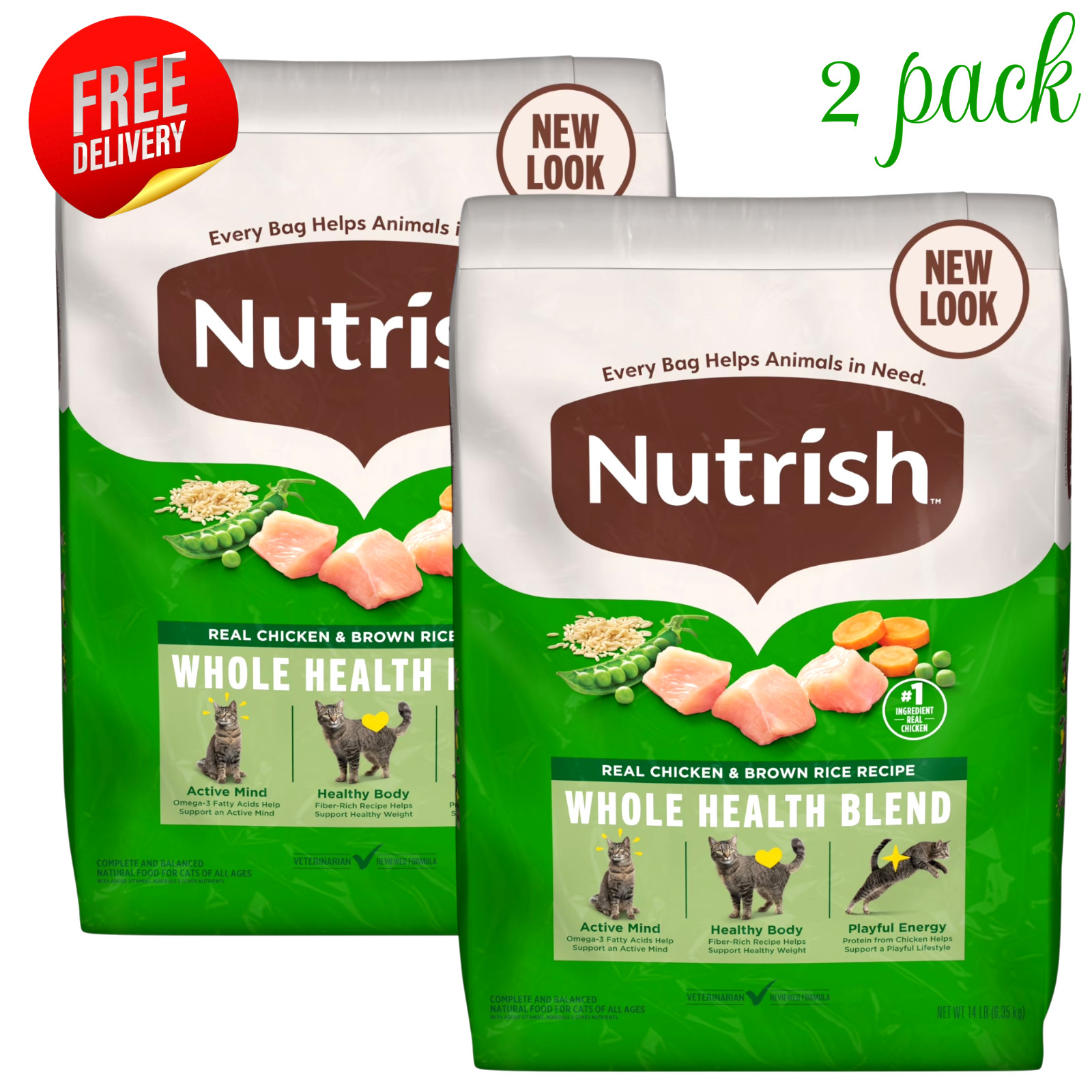 Nutrish Real Chicken & Brown Rice Dry Cat Food 14 lb Bag 2 Pack All Life Stages