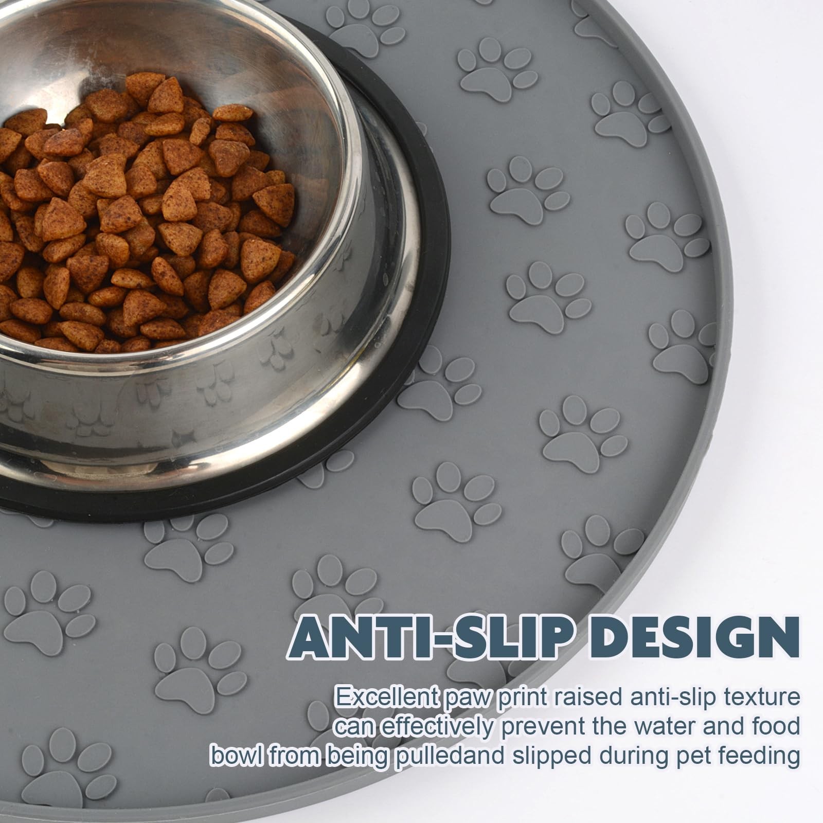 SUNLAND Silicone Pet Food Mat Dog Cat Feeding Bowl Mats Grey 11″ Round, Gray
