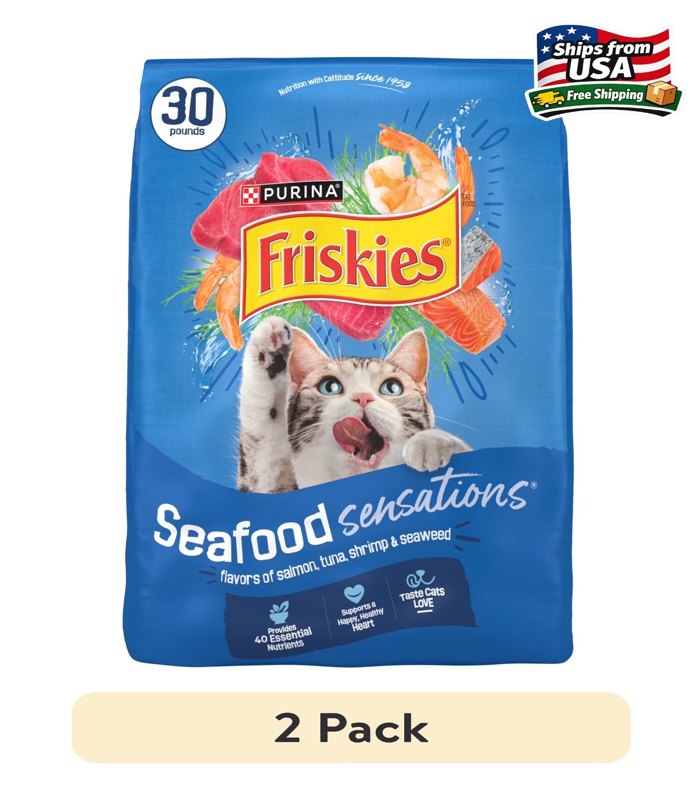 (2 pack) Purina Friskies Seafood Sensations Dry Cat Food Flavors of Salmon, Tuna