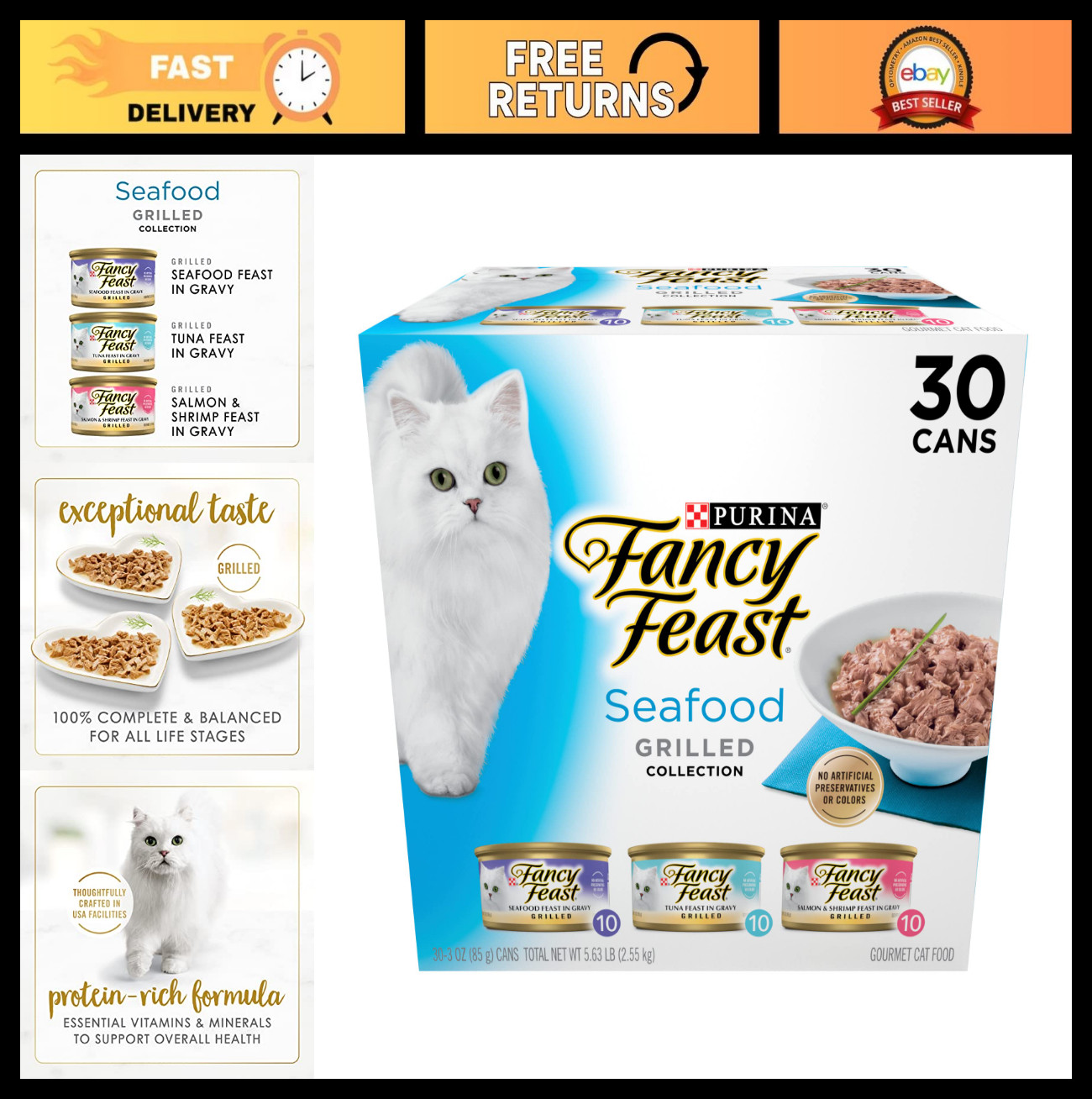 Seafood Variety Pack Wet Cat Food – Grilled Gourmet Canned Cat Food (30 x 3 oz)