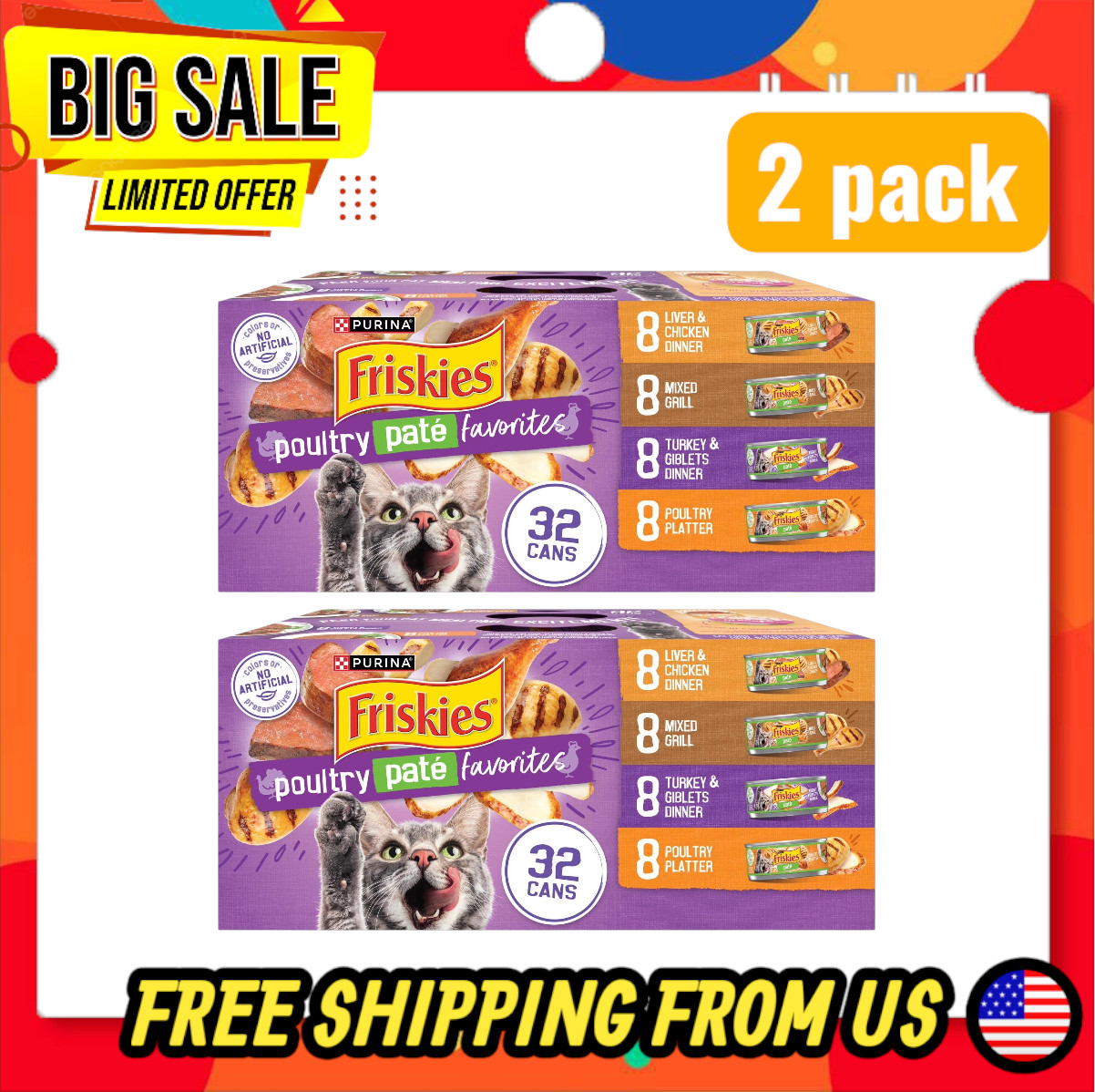 (2 pack) Purina Friskies Pate, Soft Poultry Variety Pack, Wet Cat Food 5.5oz Can
