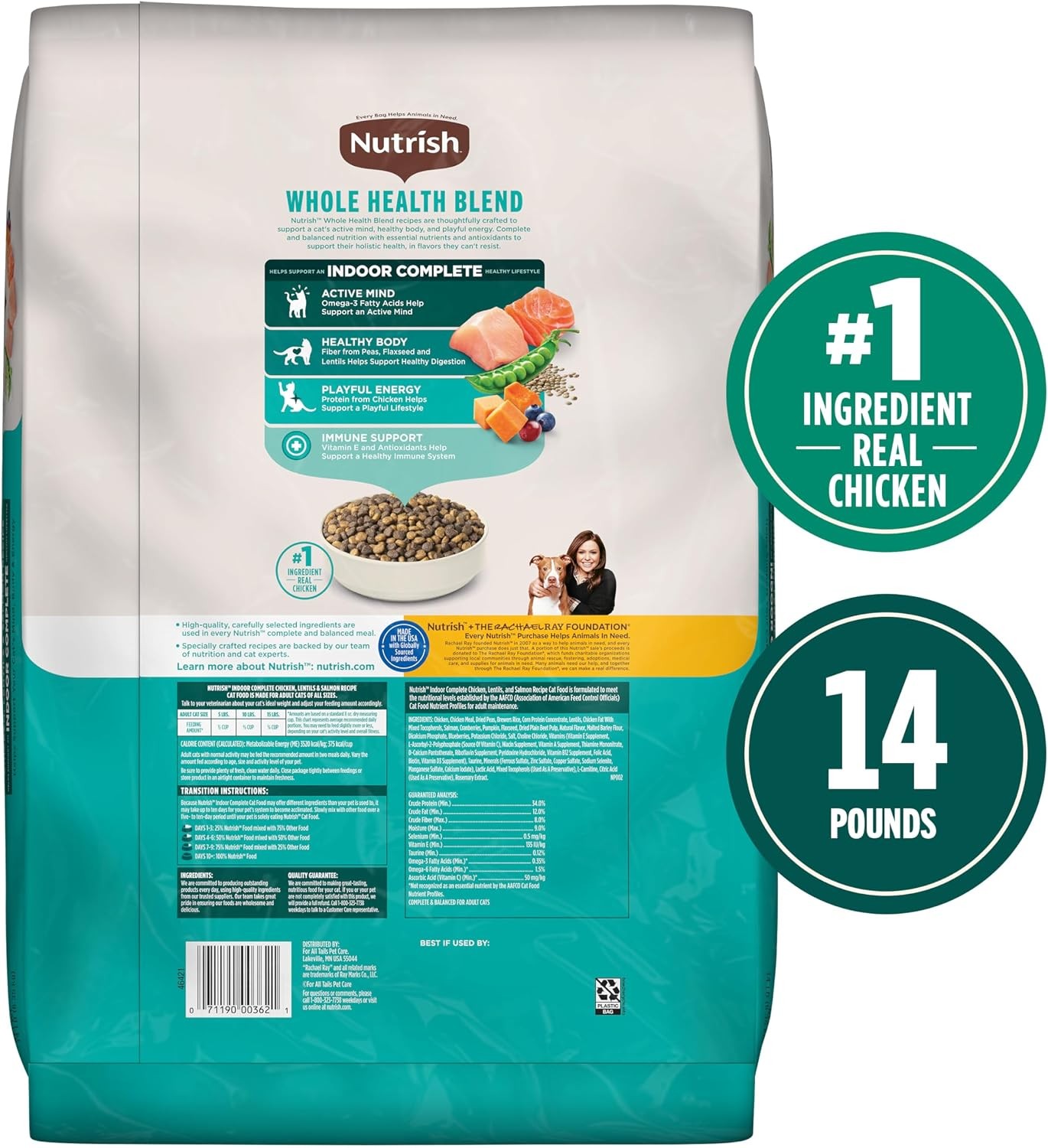 Nutrish Indoor Complete Chicken, Lentils & Salmon Recipe Dry Cat Food 14 lb. Bag