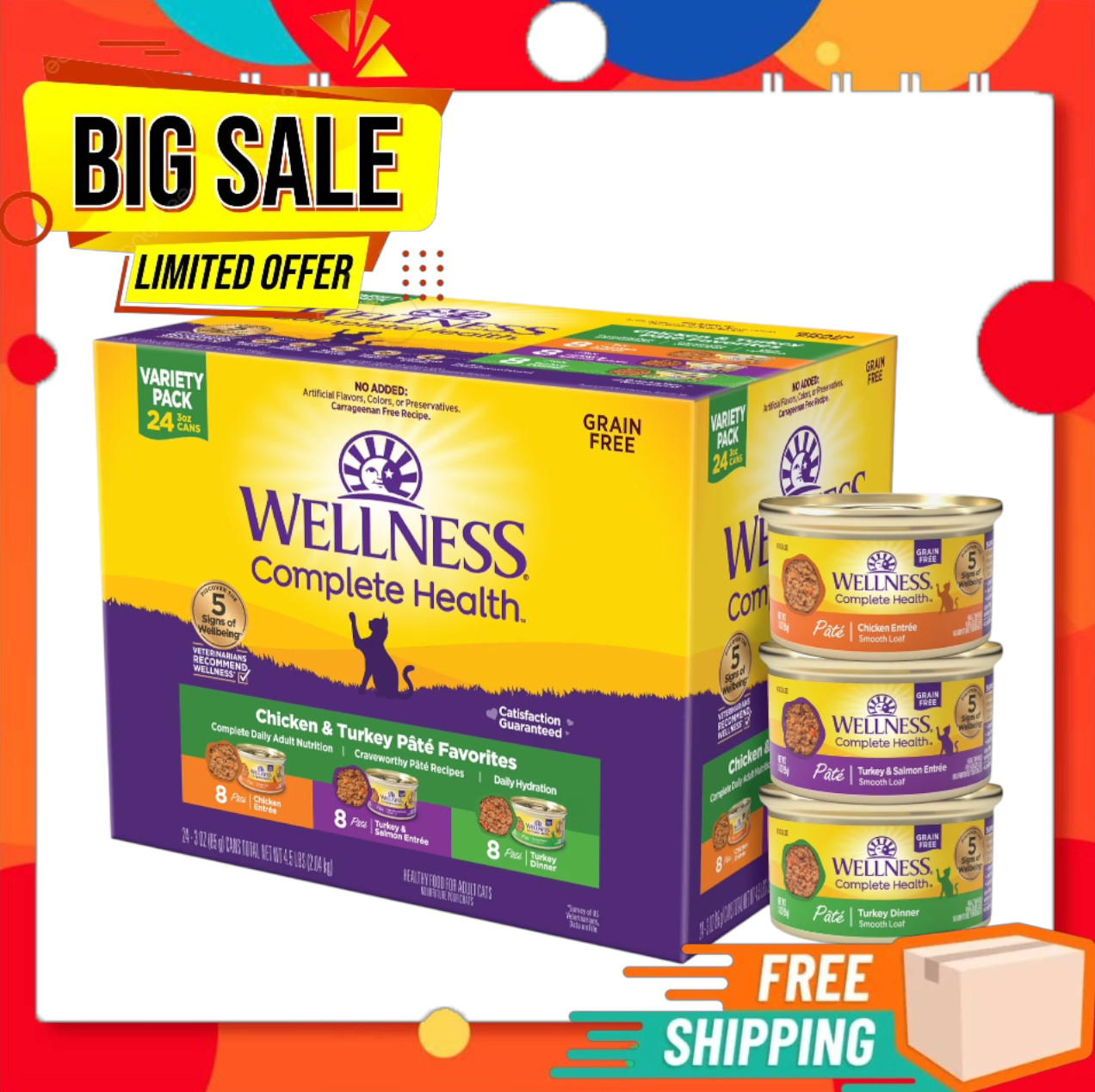 Wellness Complete Health Adult Pate Wet Cat Food, Chicken & Turkey (3oz, 24-Ct)