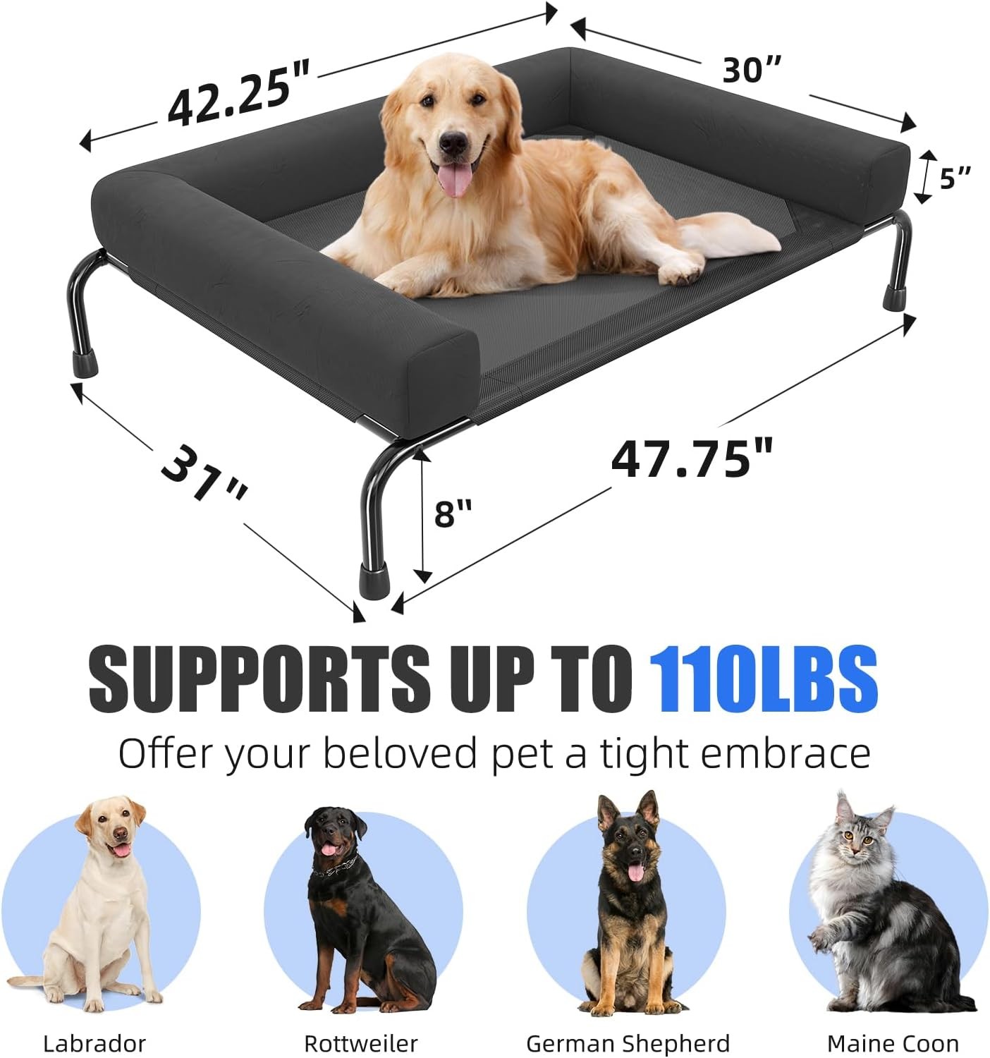 Simple Trending Elevated Dog Bed for Large Dogs, Cooling Raised Dog Cot with Bol