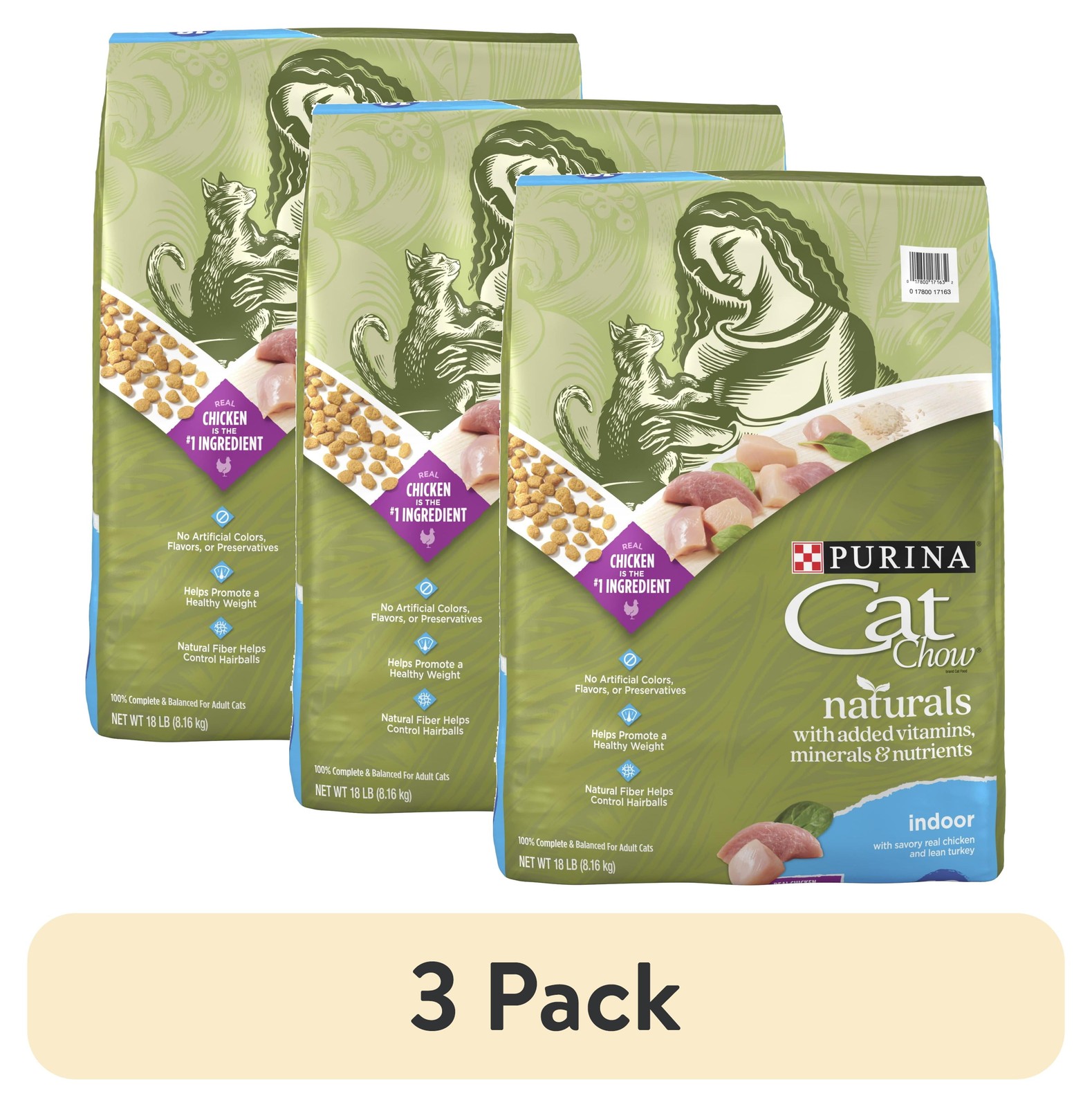 3 pack Cat Chow Naturals Indoor Dry Cat Food Chicken & Turkey 18 lb Bag