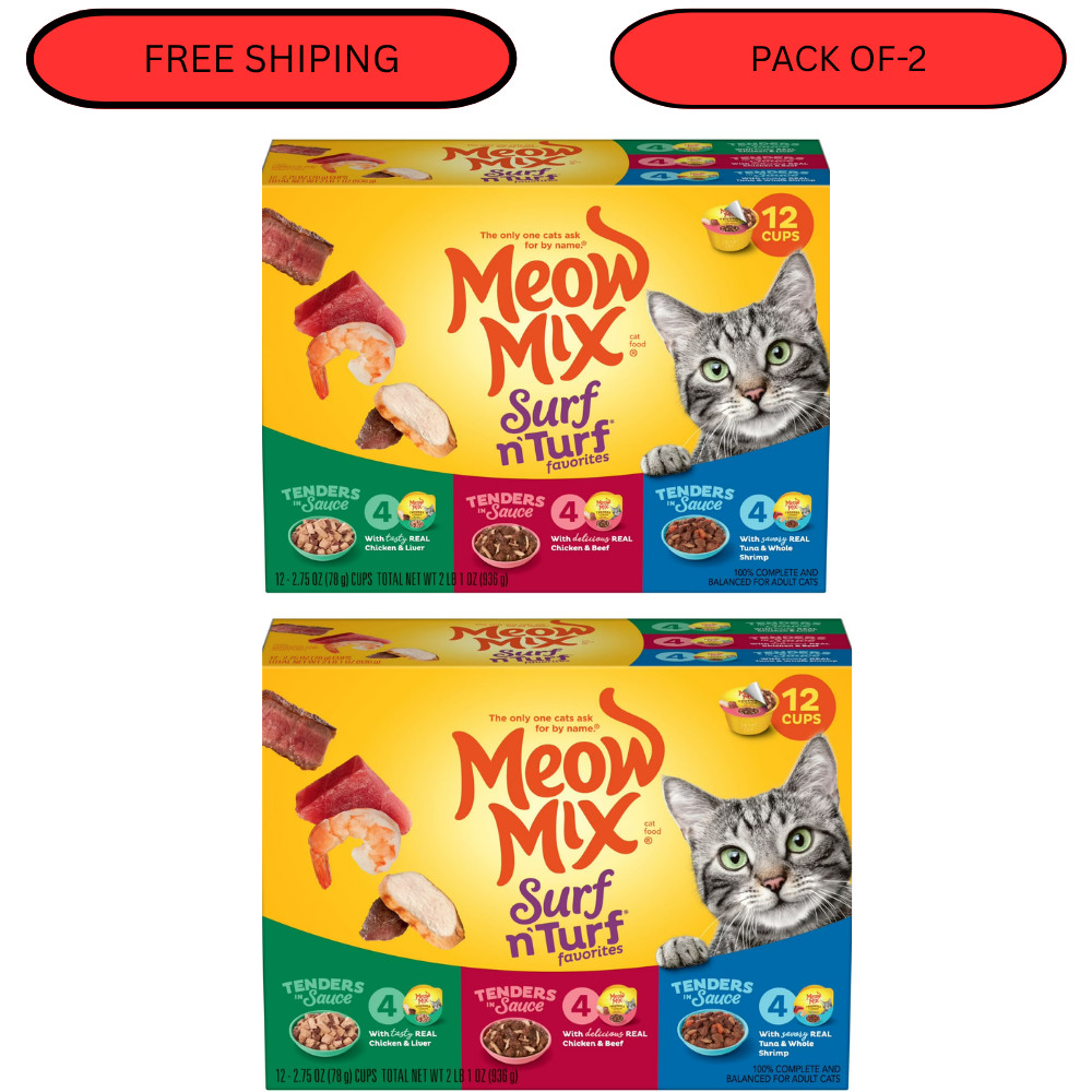 2 Pack Meow Mix Tenders in Sauce Surf N Turf Variety Wet Cat Food 12 Cups 2.75oz