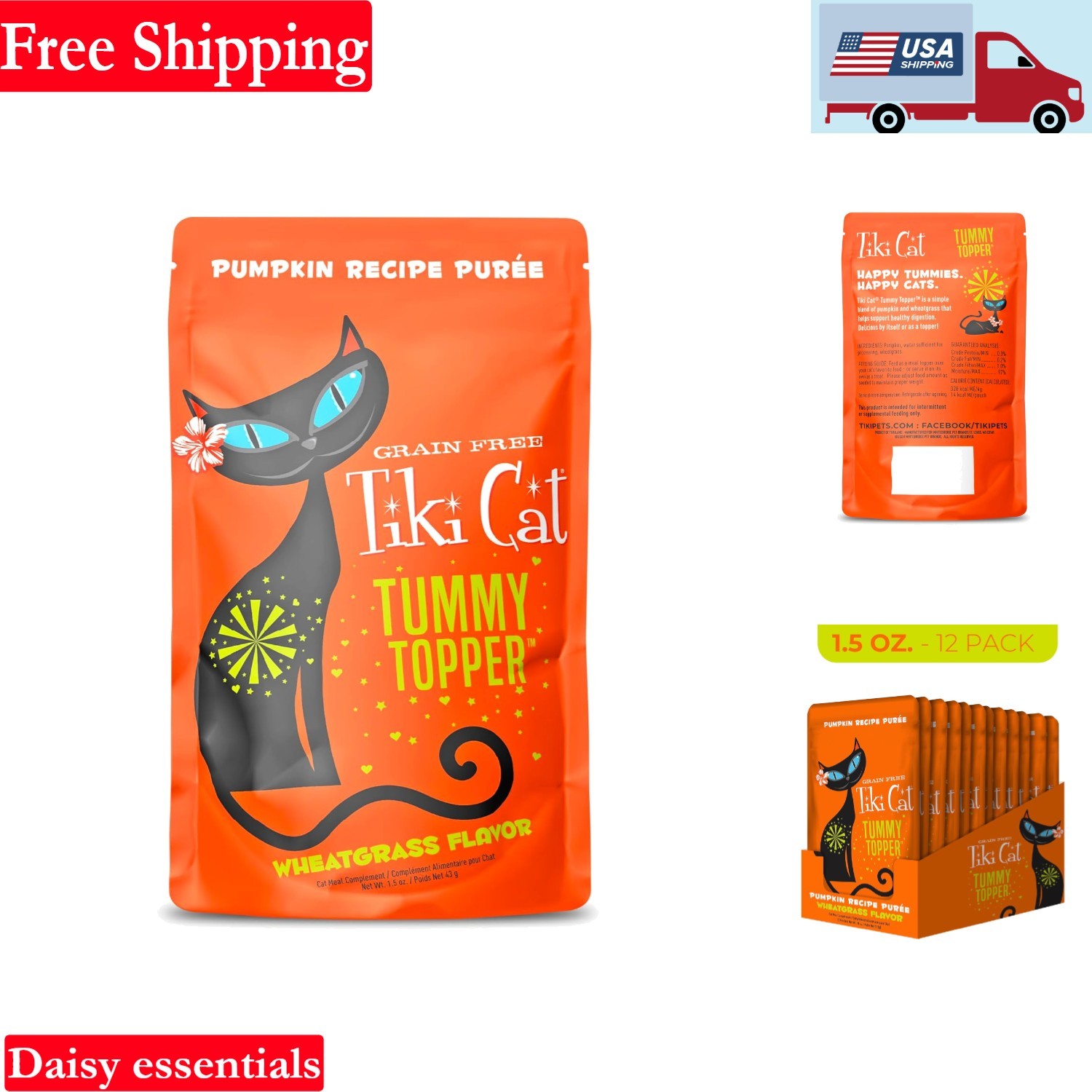 Tiki Cat Pumpkin Tummy Topper for Cats 12 Pack 1.5oz Digestive Support Grain-…