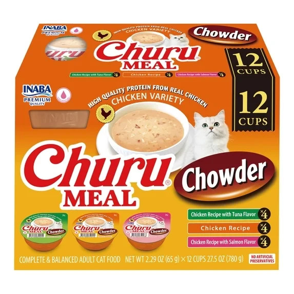 (3 pack) INABA Churu Meal Chowder Adult Wet Cat Food, 2.29 oz cup, 12-count