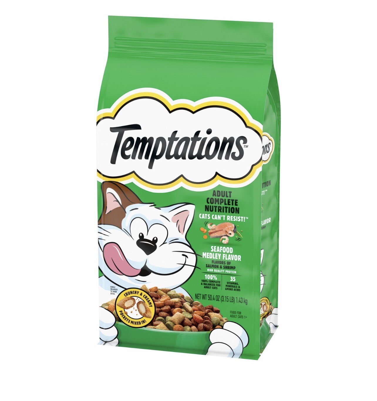 TEMPTATIONS Seafood Medley Flavor Adult Dry Cat Food, 3.15 lb Bag Salmon Shrimp
