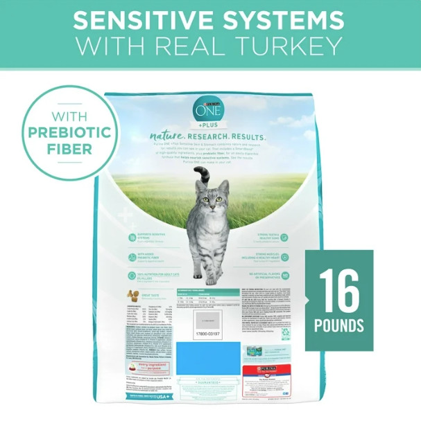 Purina ONE Plus, Sensitive Skin & Stomach, Dry Cat Food, Turkey, 16 lb Bag