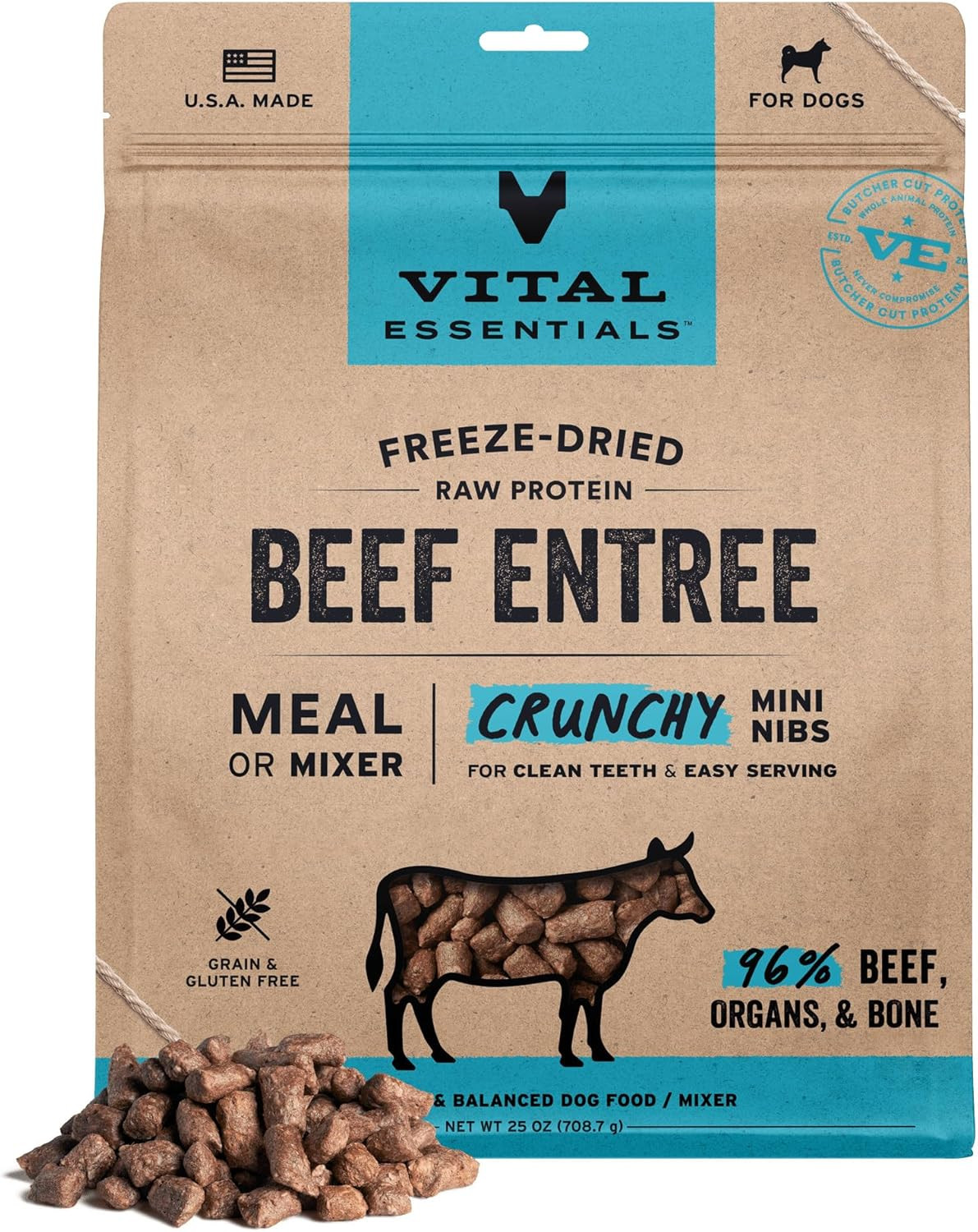 Pet Food Freeze Dried Dog Food, Raw Beef Crunchy Mini Nibs | Complete Meal or