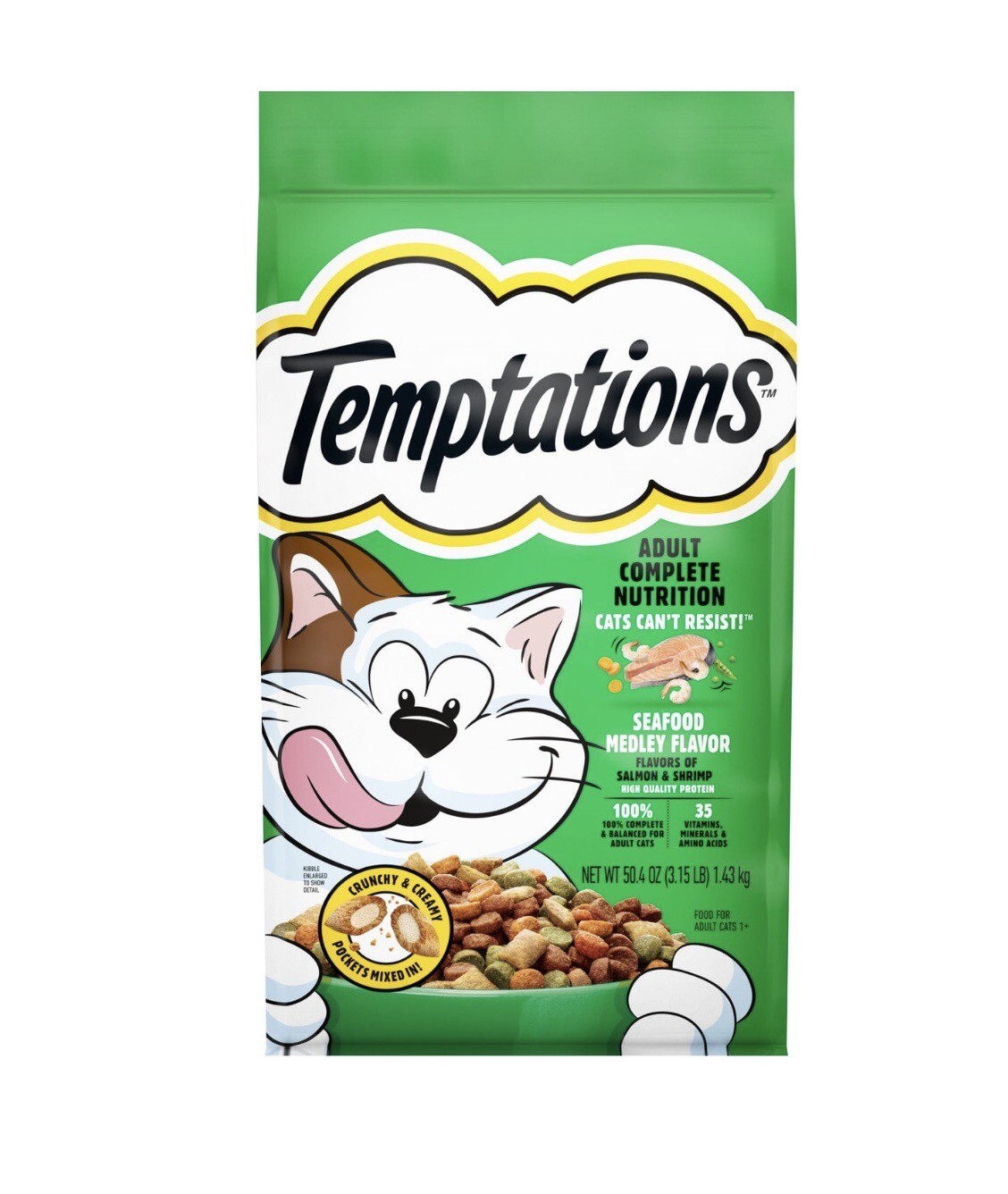 TEMPTATIONS Seafood Medley Flavor Adult Dry Cat Food, 3.15 lb Bag Salmon Shrimp