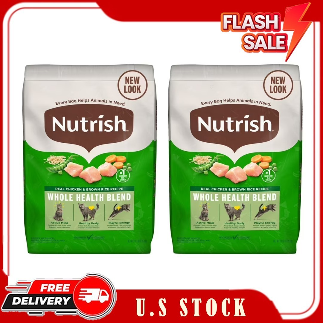 2 Bags Nutrish Real Chicken & Brown Rice Recipe Dry Cat Food, 14 lb. Bag