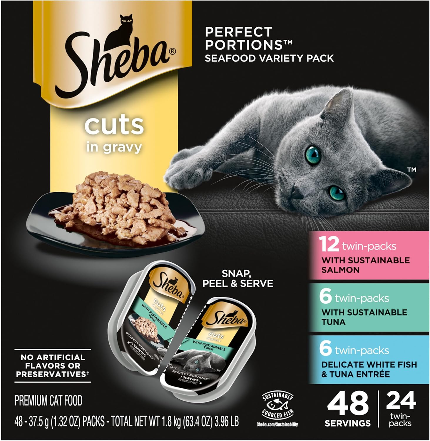 Perfect Portions Wet Cat Food Cuts in Gravy Variety Pack, with Sustainable Salmo