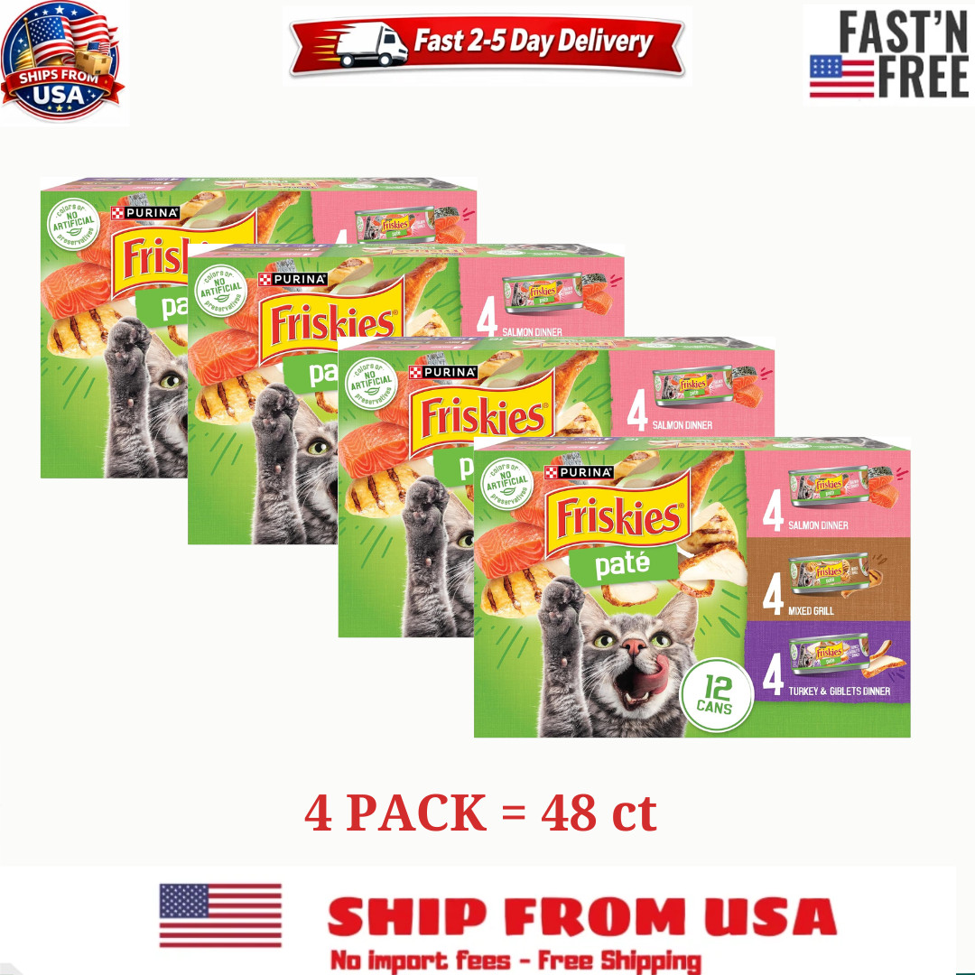 (4 PACK) Purina Friskies Pate Salmon,Mixed Grilled, Wet Cat Food, 5.5 oz 12 Can.