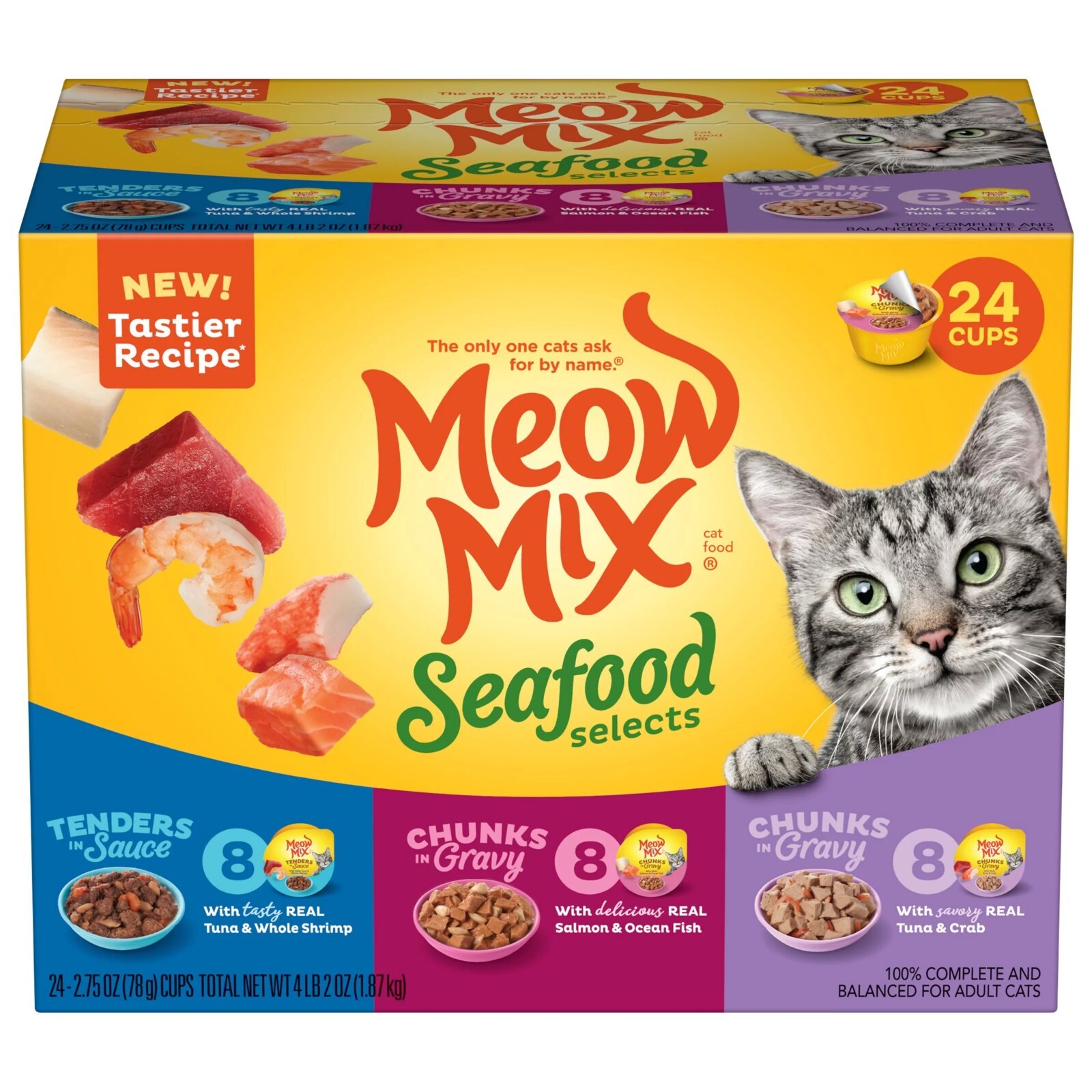 3 PACK x 24 Cups Meow Mix Seafood Selections Variety Pack Wet Cat Food