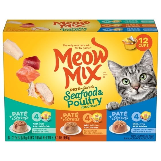 Meow Mix Pate Toppers Seafood & Poultry Wet Cat Food 12 Cups 2.75 oz