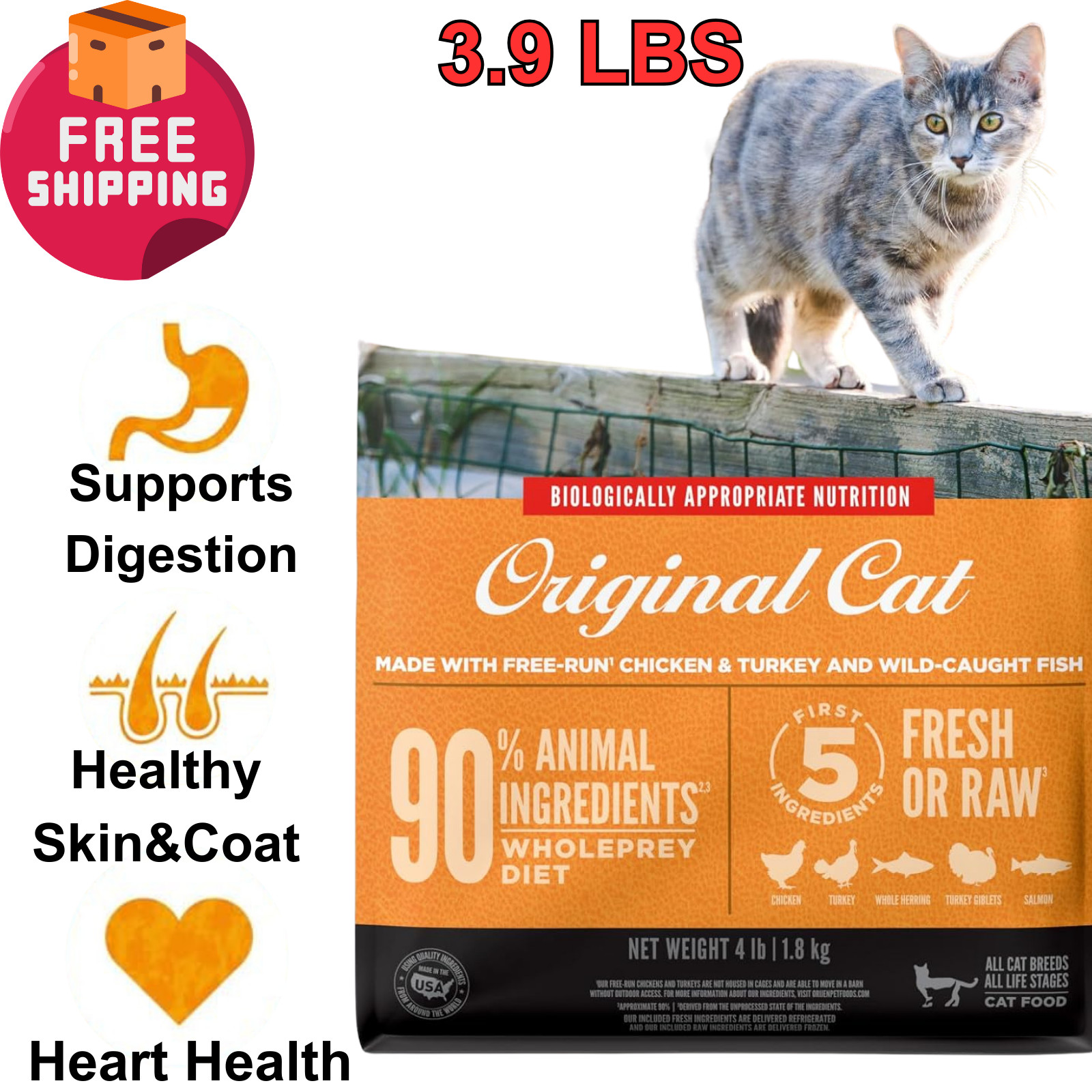ORIJEN Original Cat Food, Grain-Free Dry Formula for All Life Stages 4lb Bag