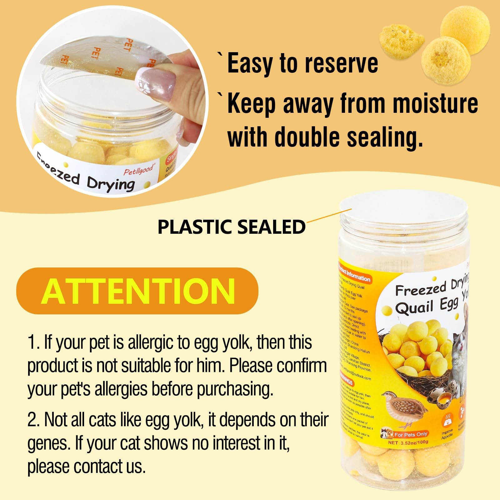 3.52oz/100g Freeze Dried Quail Egg Yolk, Cat and Dog Treats, Single Ingredien…