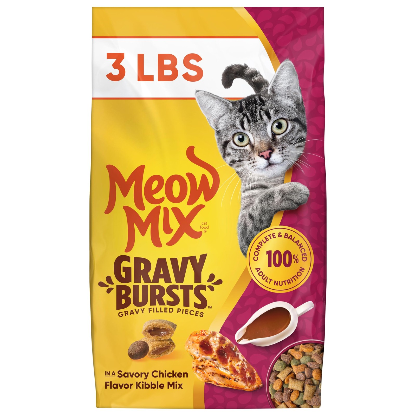 Meow Mix Gravy Bursts Dry Cat Food, 3 lb Bag 3 Pound (Pack of 1)