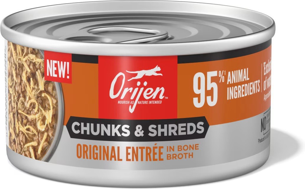 3oz ORIJEN Chunks and Shreds Original Recipe In Bone Broth Canned Cat Food 24pk