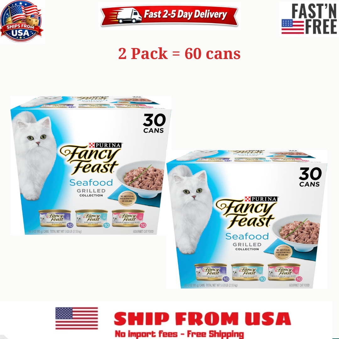 (2 pack) Purina Fancy Feast Grilled Food, Wet Cat Food, Seafood, 3 oz 30Cans
